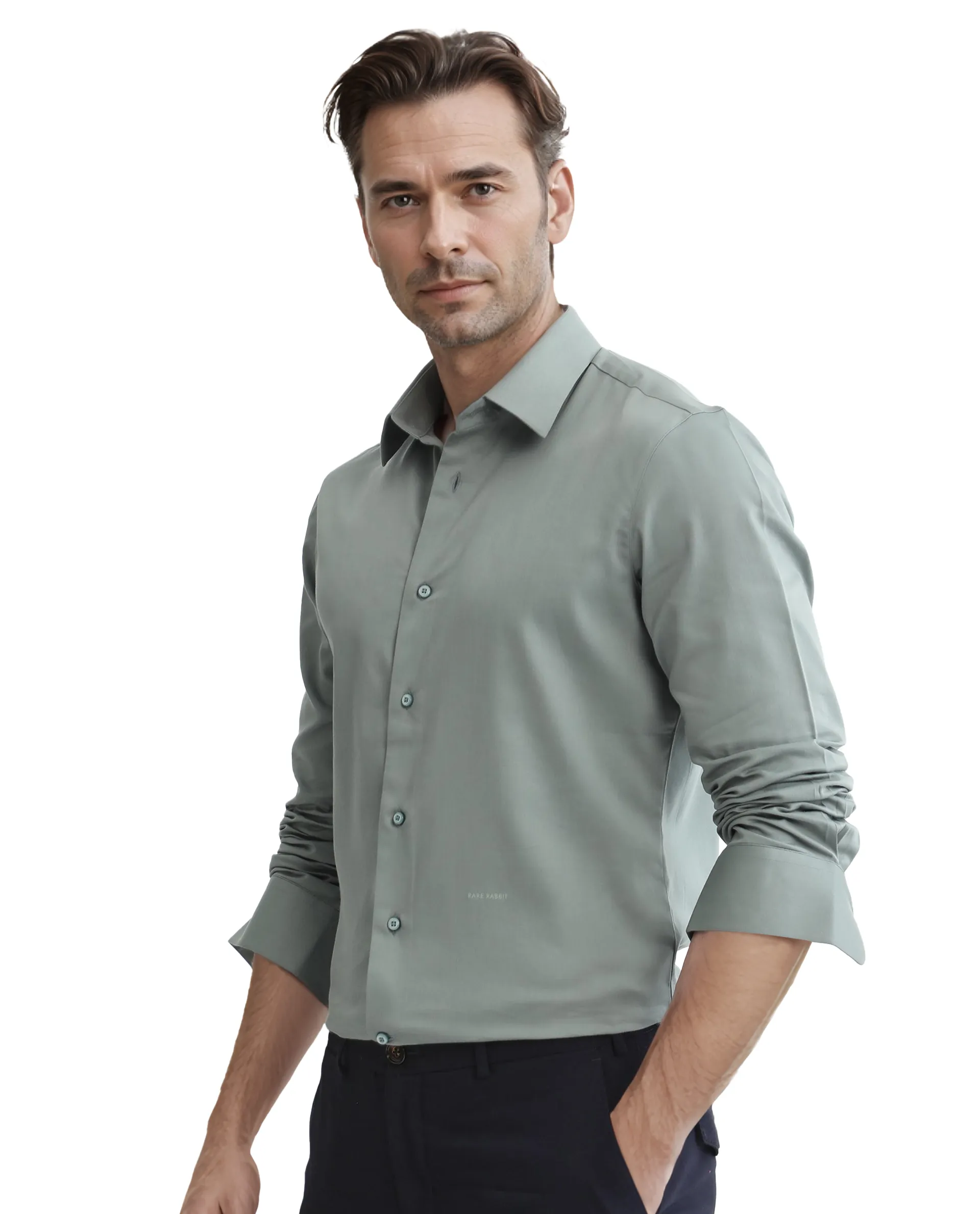 Rare Rabbit Men's Holla-25 Dusky Green Cotton Blend Plain Regular Fit Full Sleeve Collared Shirt - Image 2