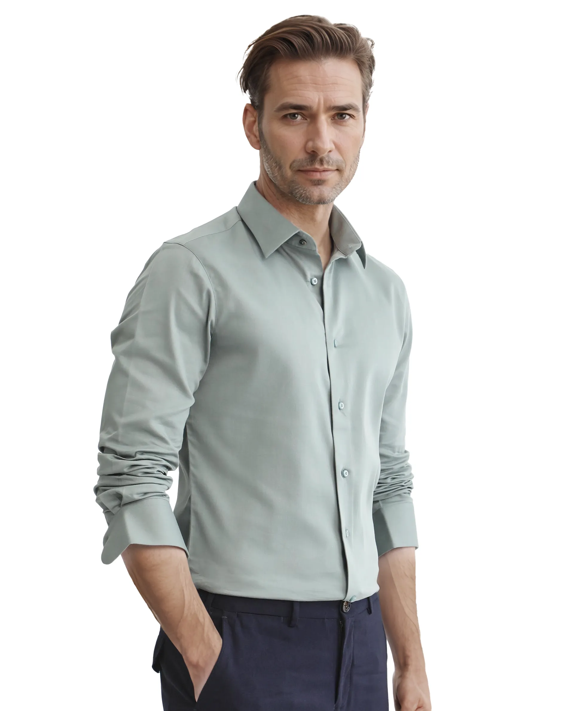 Rare Rabbit Men's Holla-25 Dusky Green Cotton Blend Plain Regular Fit Full Sleeve Collared Shirt - Image 3