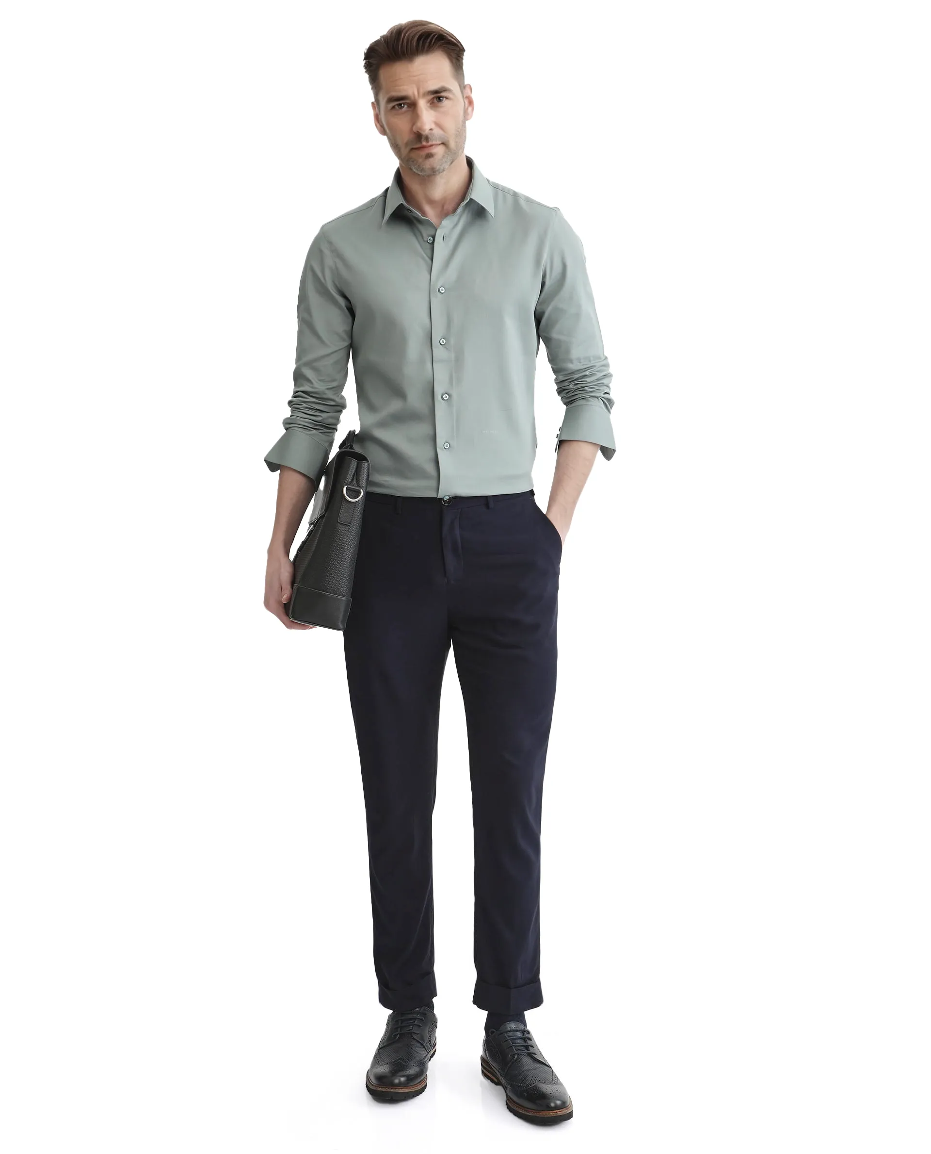 Rare Rabbit Men's Holla-25 Dusky Green Cotton Blend Plain Regular Fit Full Sleeve Collared Shirt - Image 5