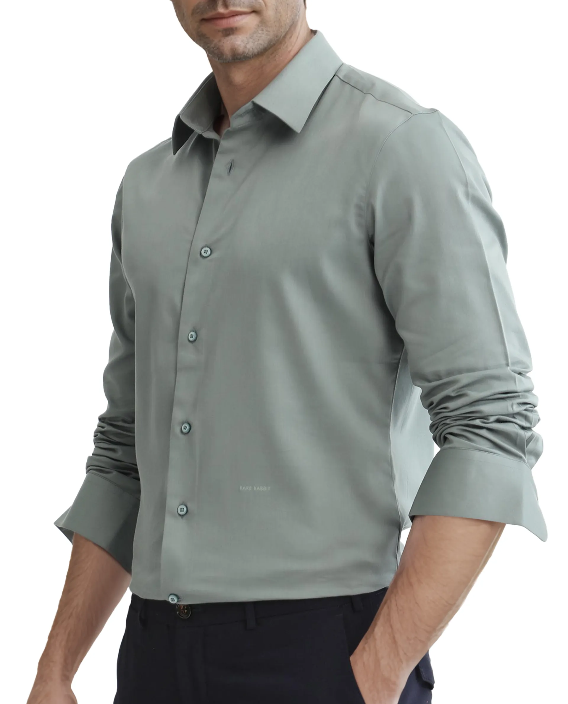Rare Rabbit Men's Holla-25 Dusky Green Cotton Blend Plain Regular Fit Full Sleeve Collared Shirt - Image 8
