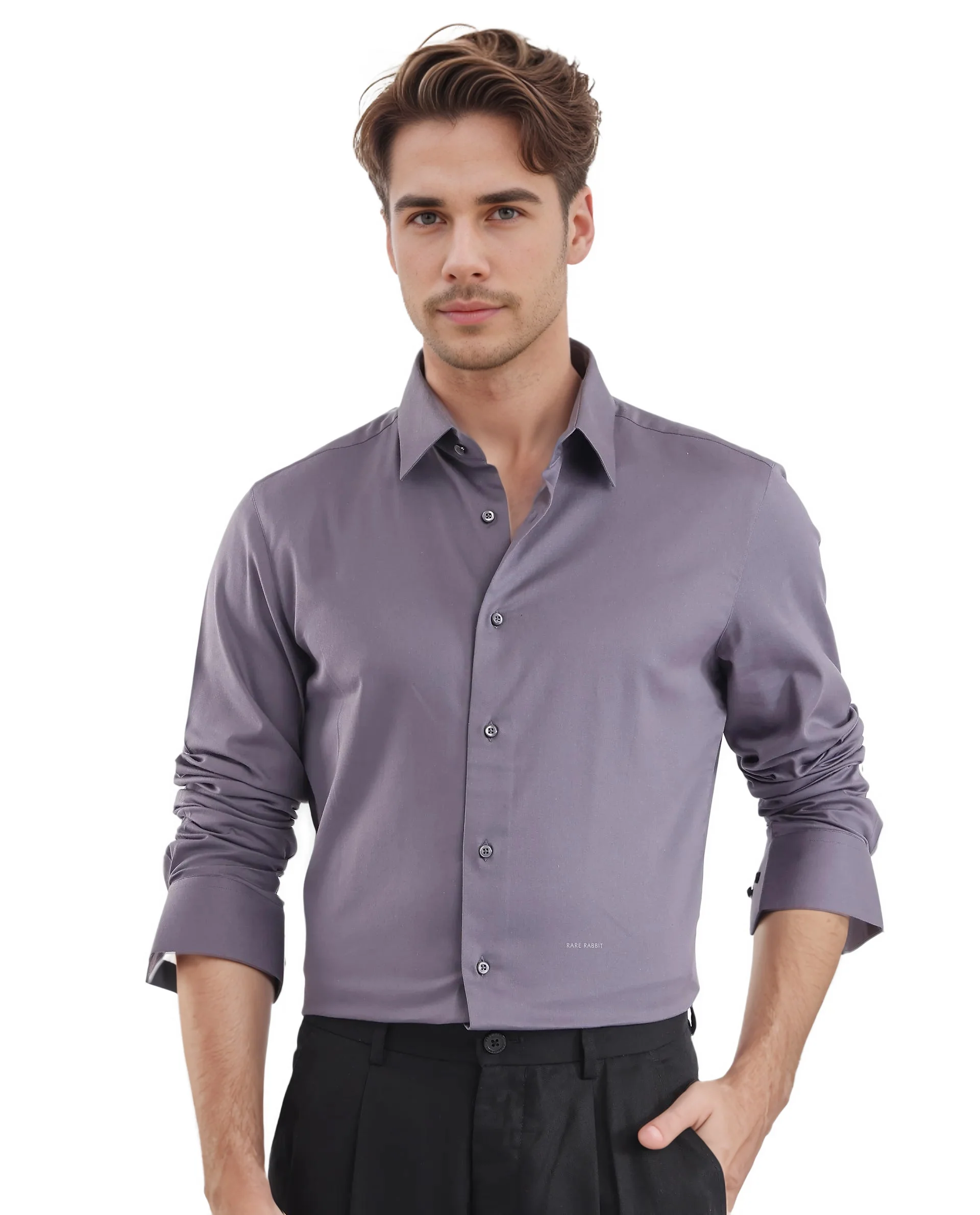 Rare Rabbit Men's Holla-25 Dusky Purple Cotton Blend Plain Regular Fit Full Sleeve Collared Shirt