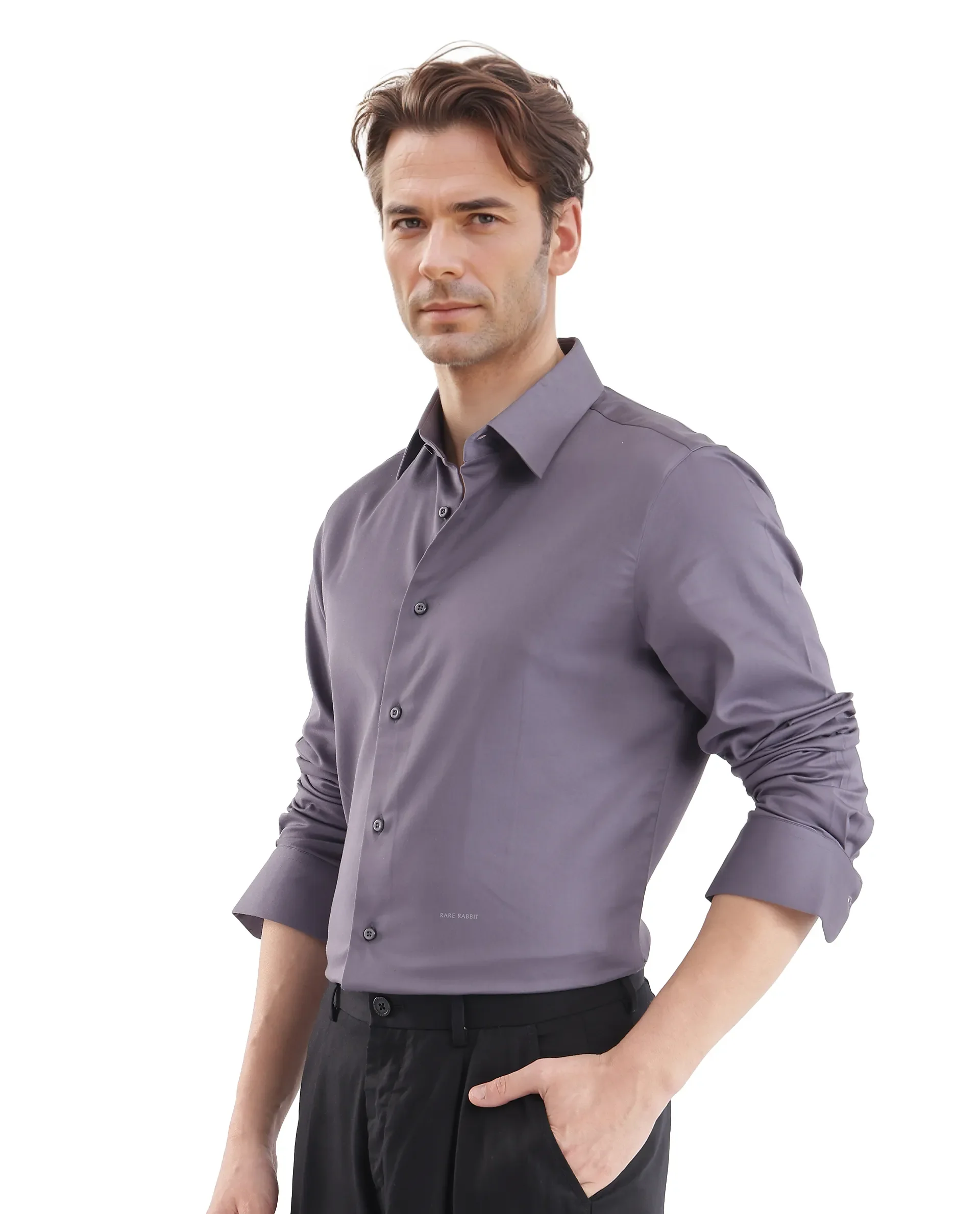 Rare Rabbit Men's Holla-25 Dusky Purple Cotton Blend Plain Regular Fit Full Sleeve Collared Shirt - Image 5