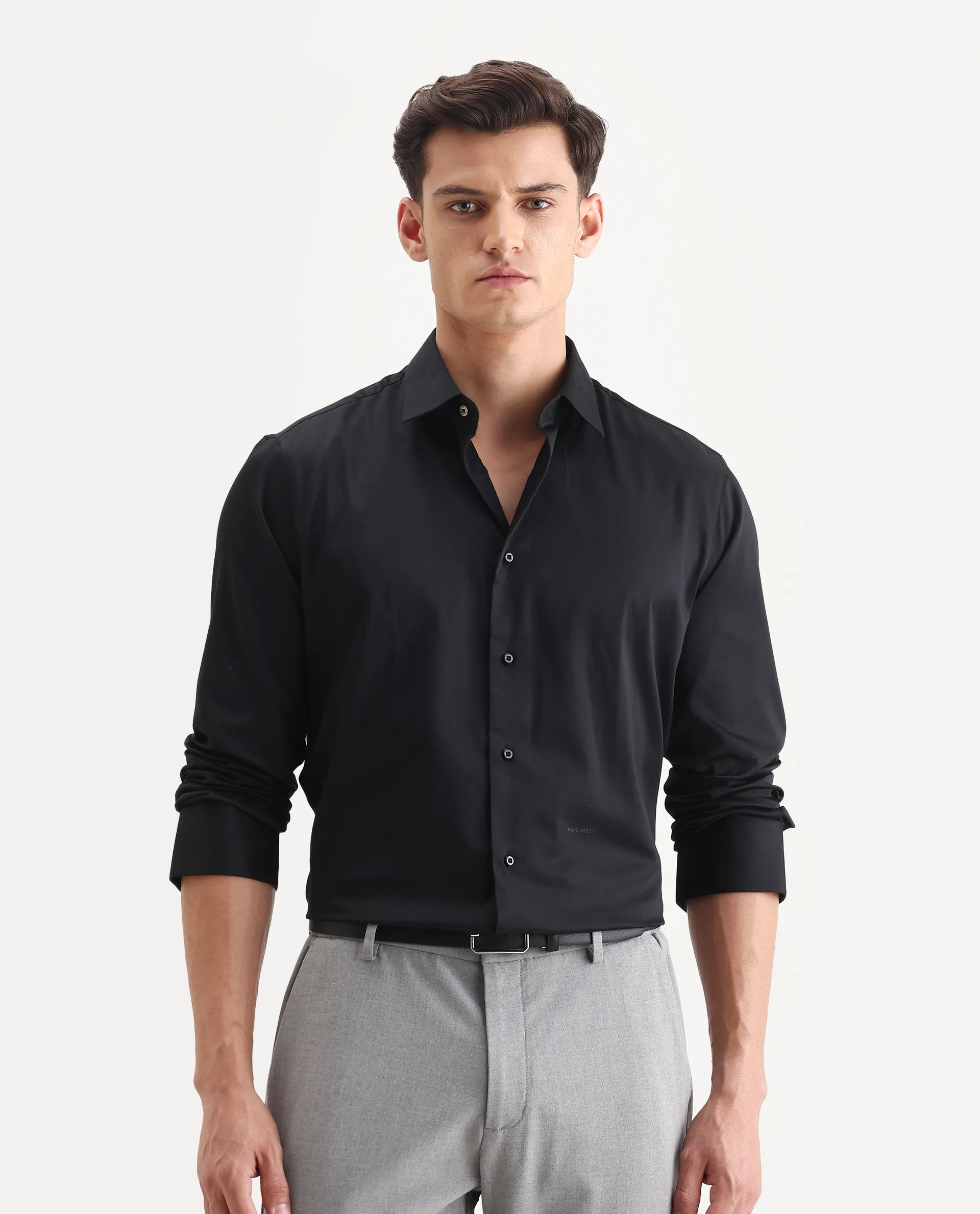 Rare Rabbit Men's Holla-26 Black Cotton Plain Regular Fit Full Sleeve Collared Shirt - Image 4