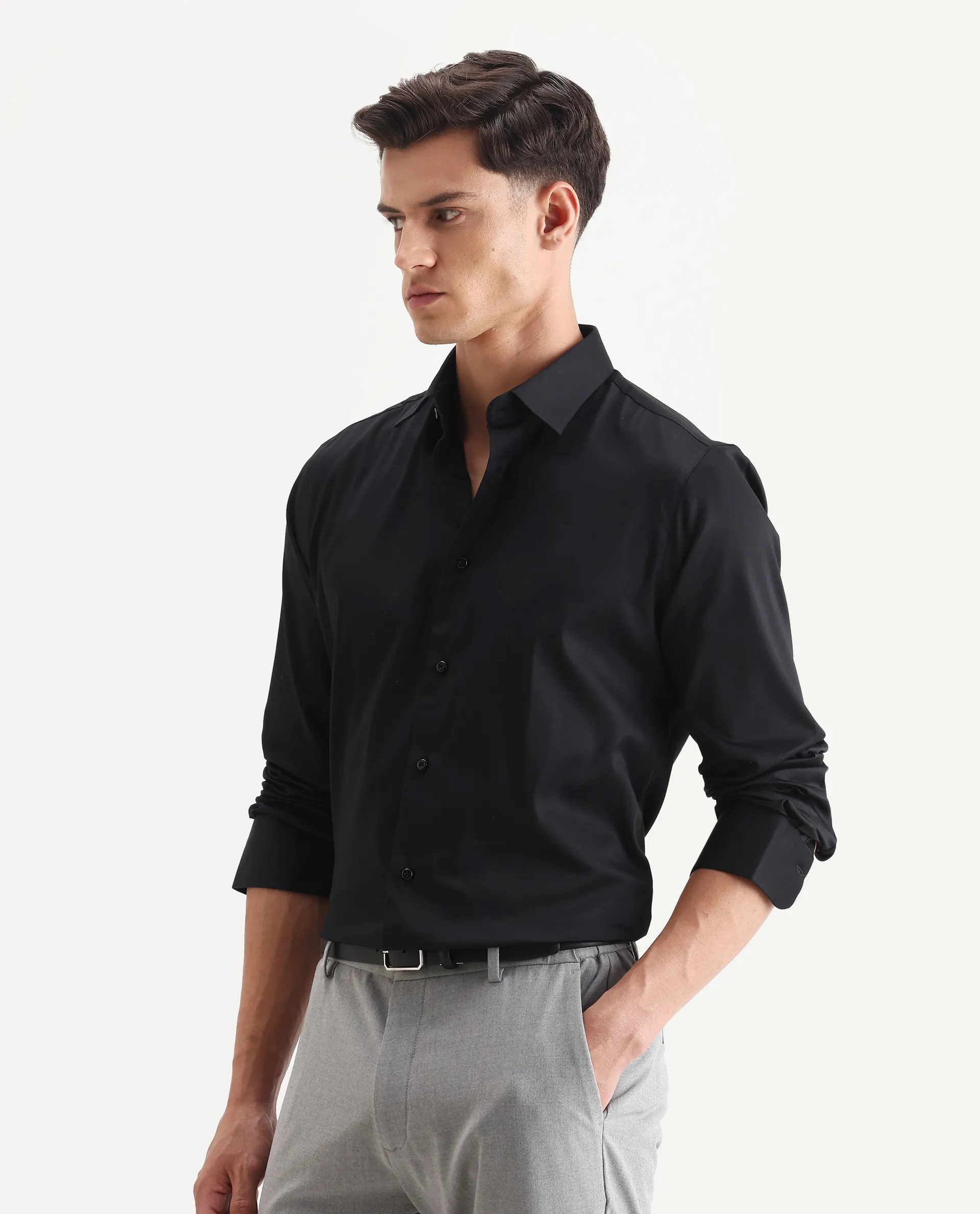 Rare Rabbit Men's Holla-26 Black Cotton Plain Regular Fit Full Sleeve Collared Shirt - Image 5