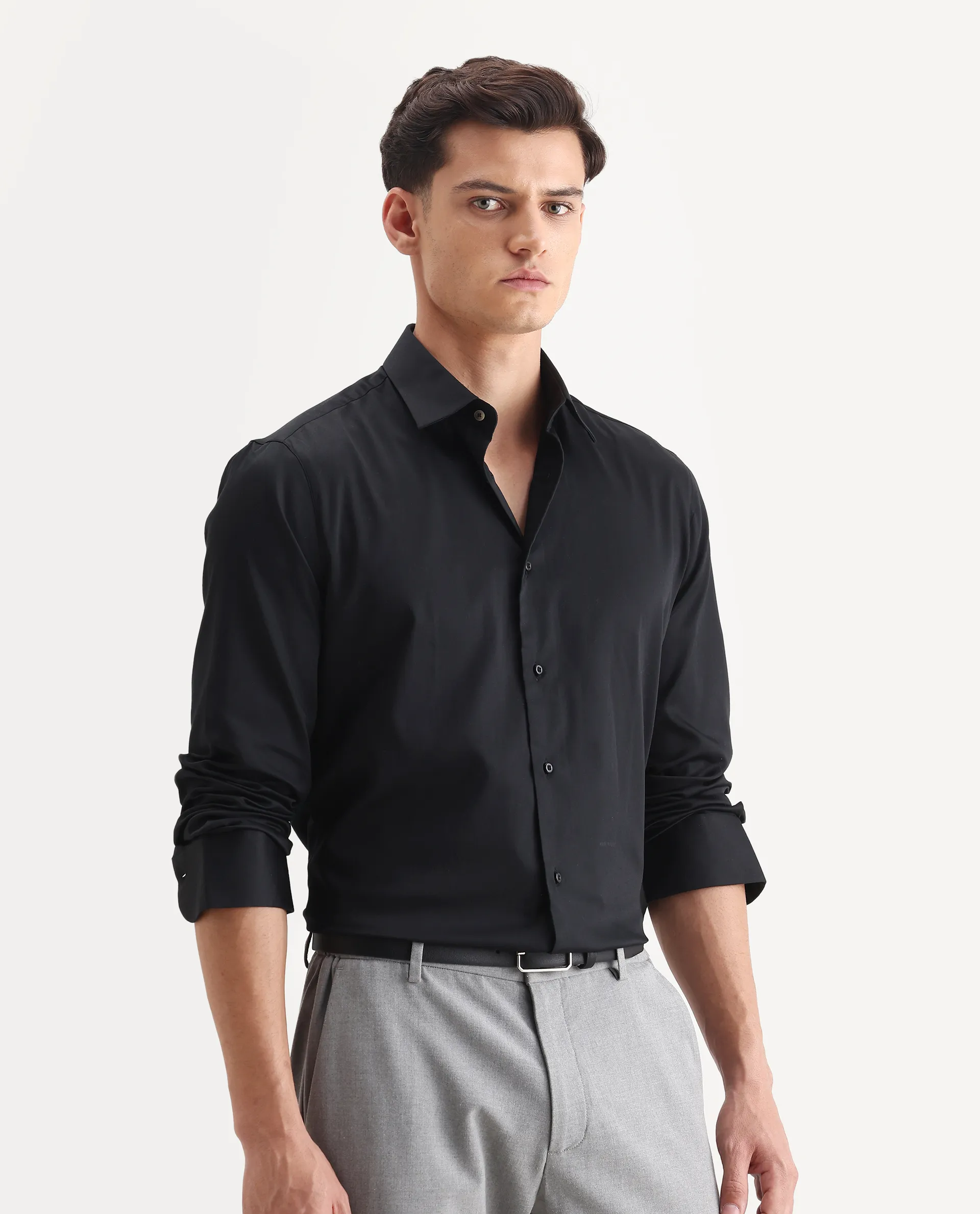 Rare Rabbit Men's Holla-26 Black Cotton Plain Regular Fit Full Sleeve Collared Shirt - Image 6
