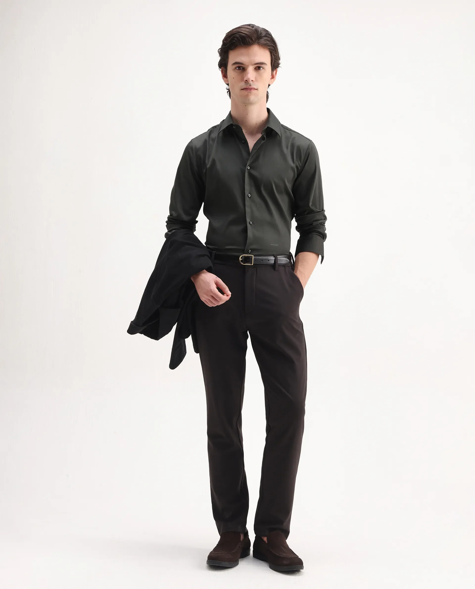 Rare Rabbit Men's Holla-26 Olive Cotton Plain Regular Fit Full Sleeve Collared Shirt - Image 2