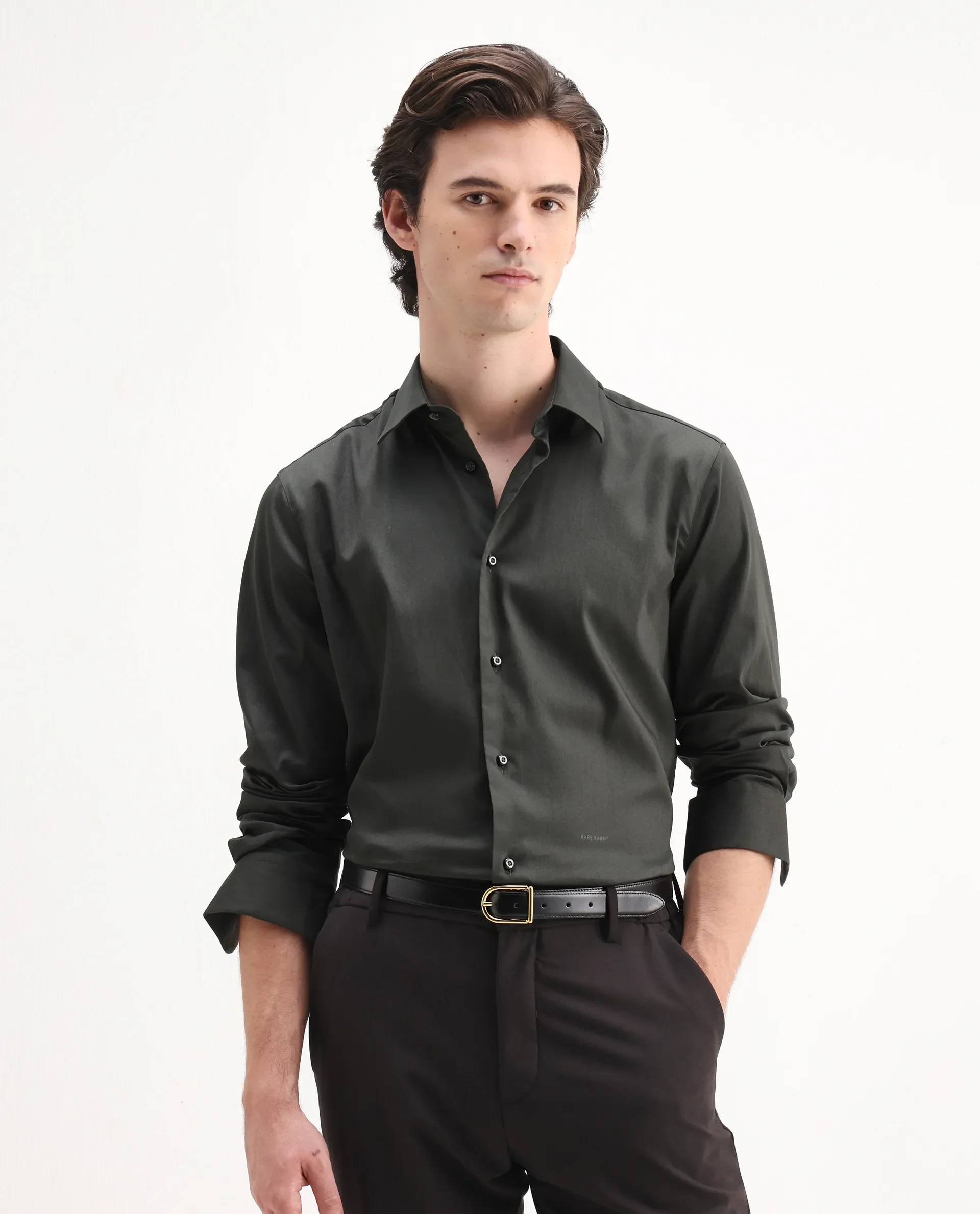 Rare Rabbit Men's Holla-26 Olive Cotton Plain Regular Fit Full Sleeve Collared Shirt - Image 4