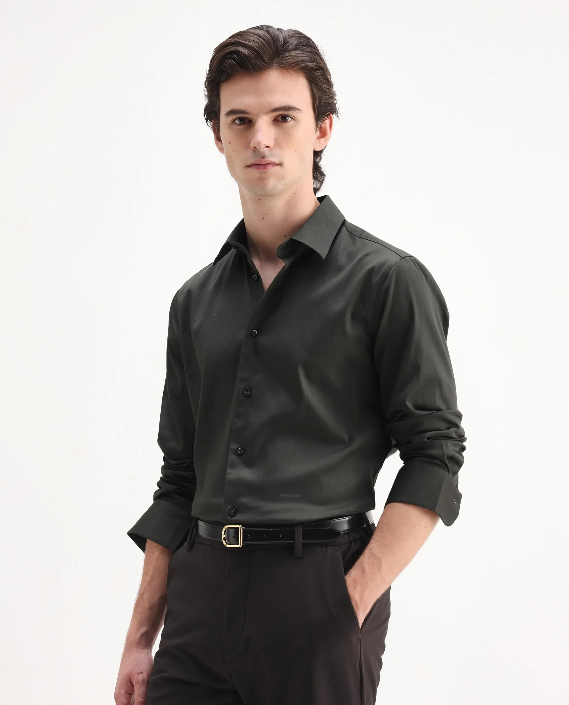 Rare Rabbit Men's Holla-26 Olive Cotton Plain Regular Fit Full Sleeve Collared Shirt - Image 5