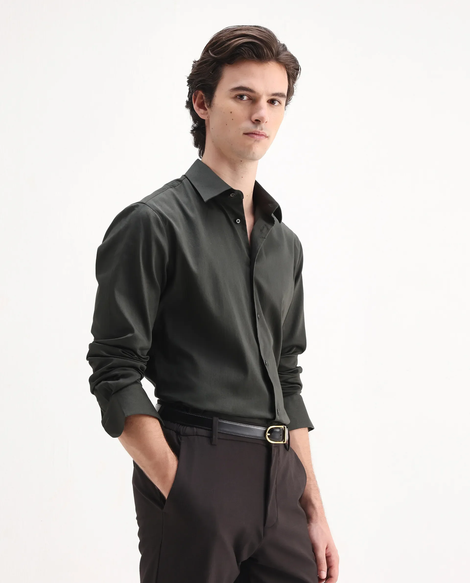 Rare Rabbit Men's Holla-26 Olive Cotton Plain Regular Fit Full Sleeve Collared Shirt - Image 6