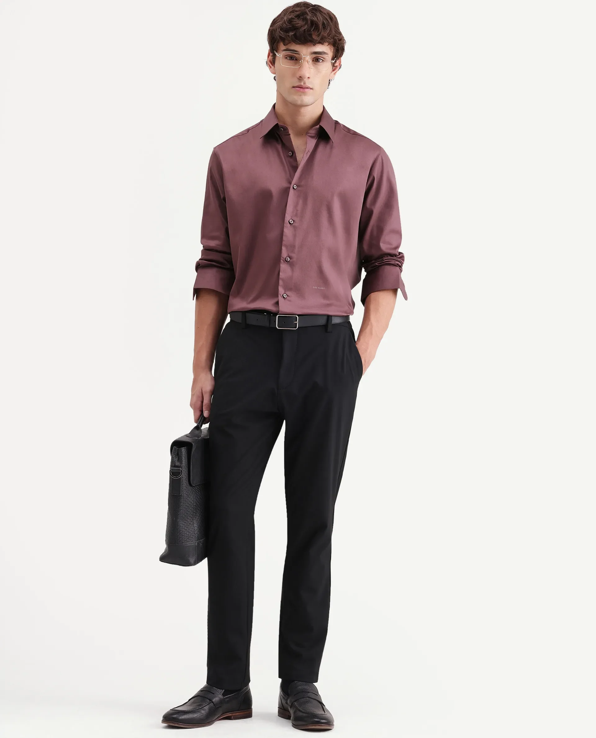 Rare Rabbit Men's Holla-Aw26 Dusky Red Cotton Blend Spread Collar Regular Plain Shirt - Image 2