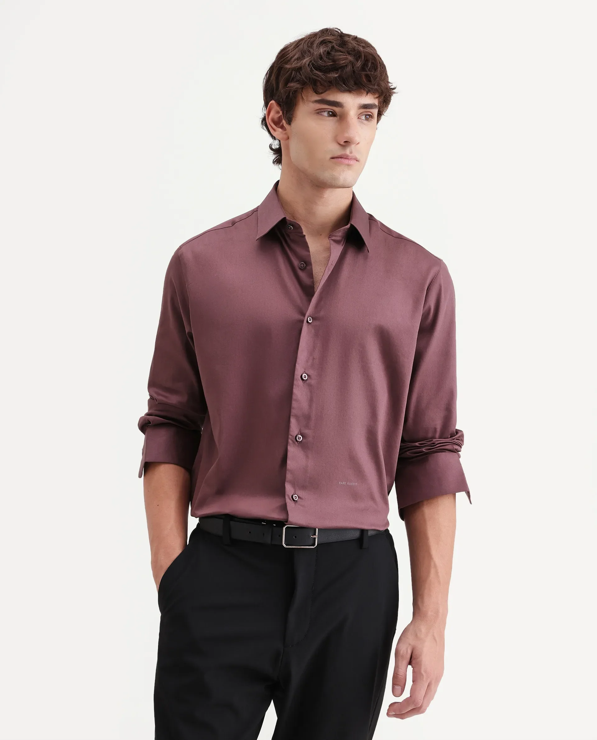 Rare Rabbit Men's Holla-Aw26 Dusky Red Cotton Blend Spread Collar Regular Plain Shirt - Image 4