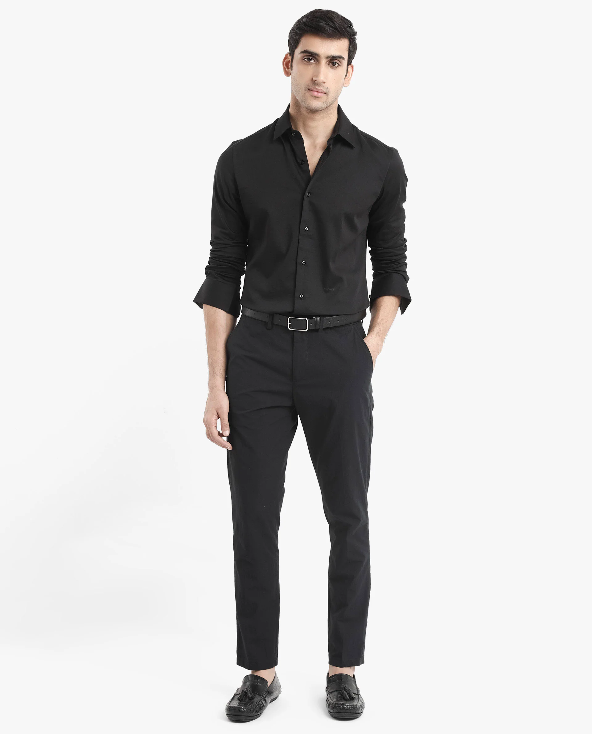 Rare Rabbit Men's Holla Black Satin Plain Regular Fit Full Sleeve Collared Shirt - Image 2