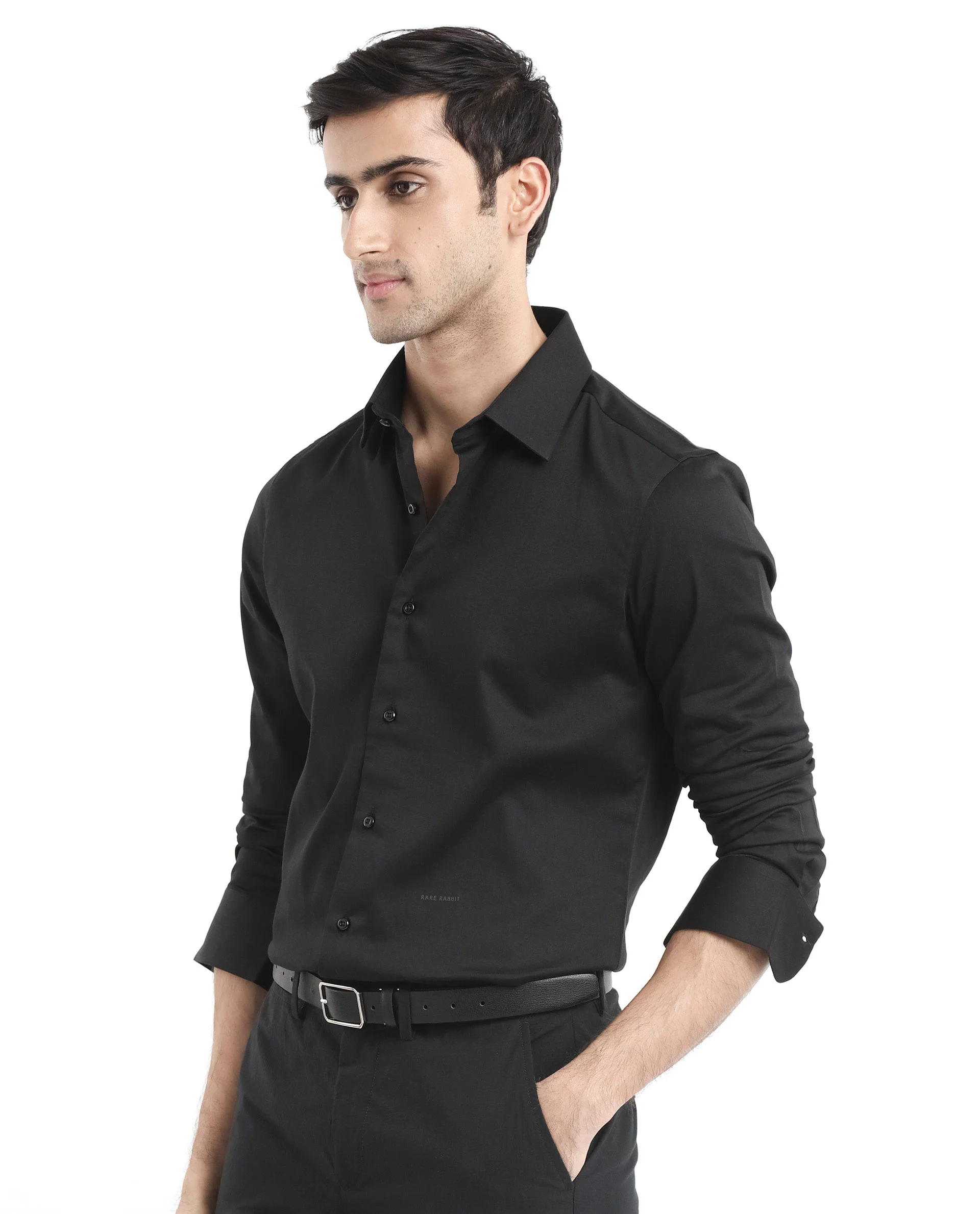 Rare Rabbit Men's Holla Black Satin Plain Regular Fit Full Sleeve Collared Shirt - Image 3