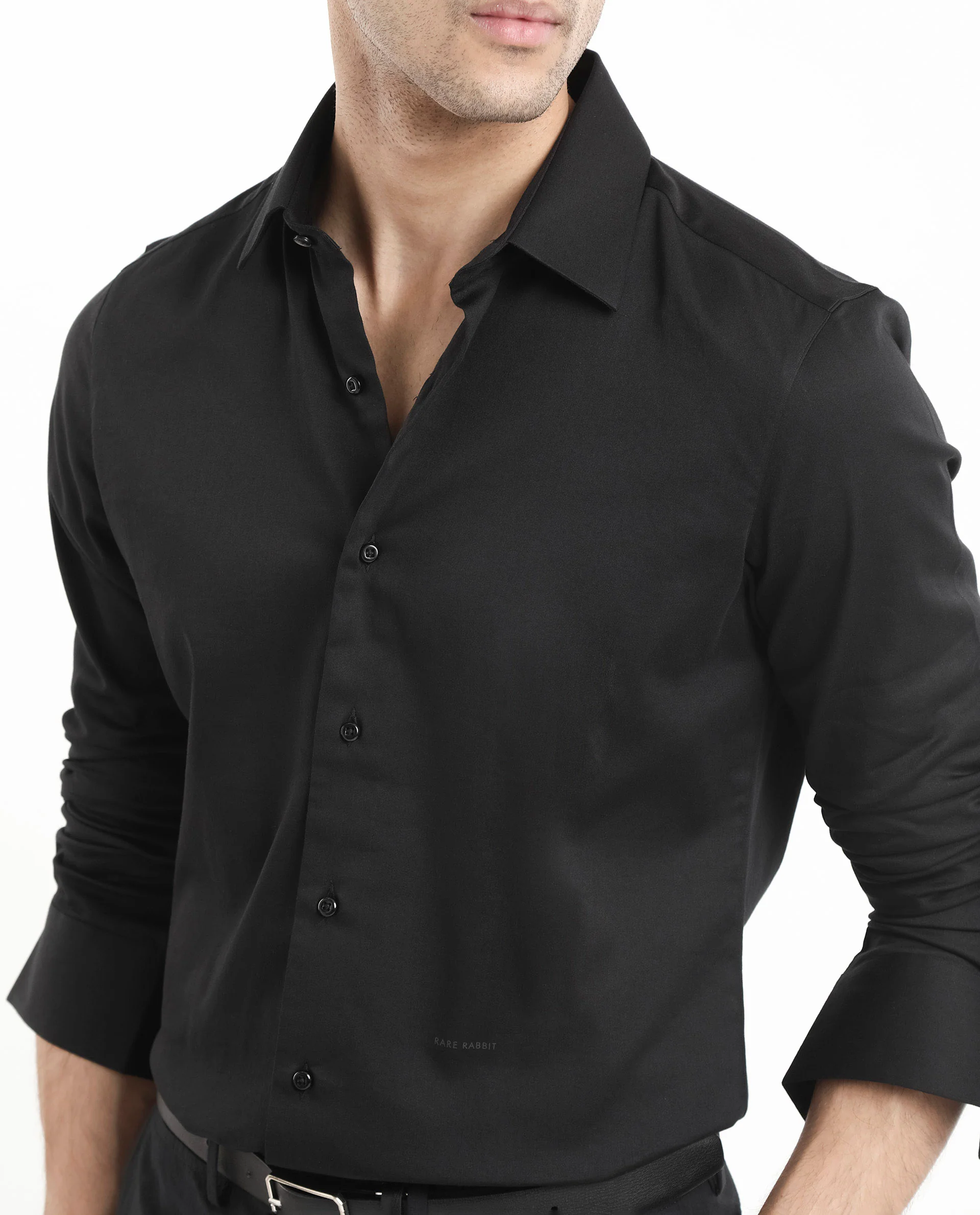 Rare Rabbit Men's Holla Black Satin Plain Regular Fit Full Sleeve Collared Shirt - Image 4