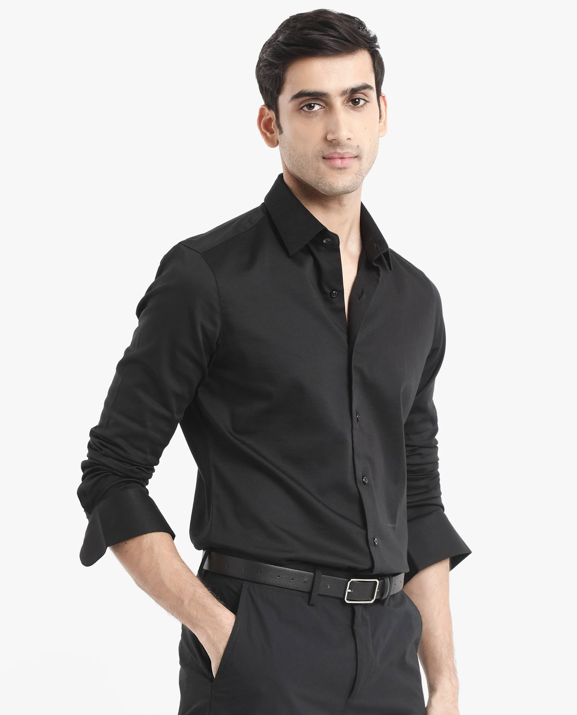 Rare Rabbit Men's Holla Black Satin Plain Regular Fit Full Sleeve Collared Shirt - Image 5