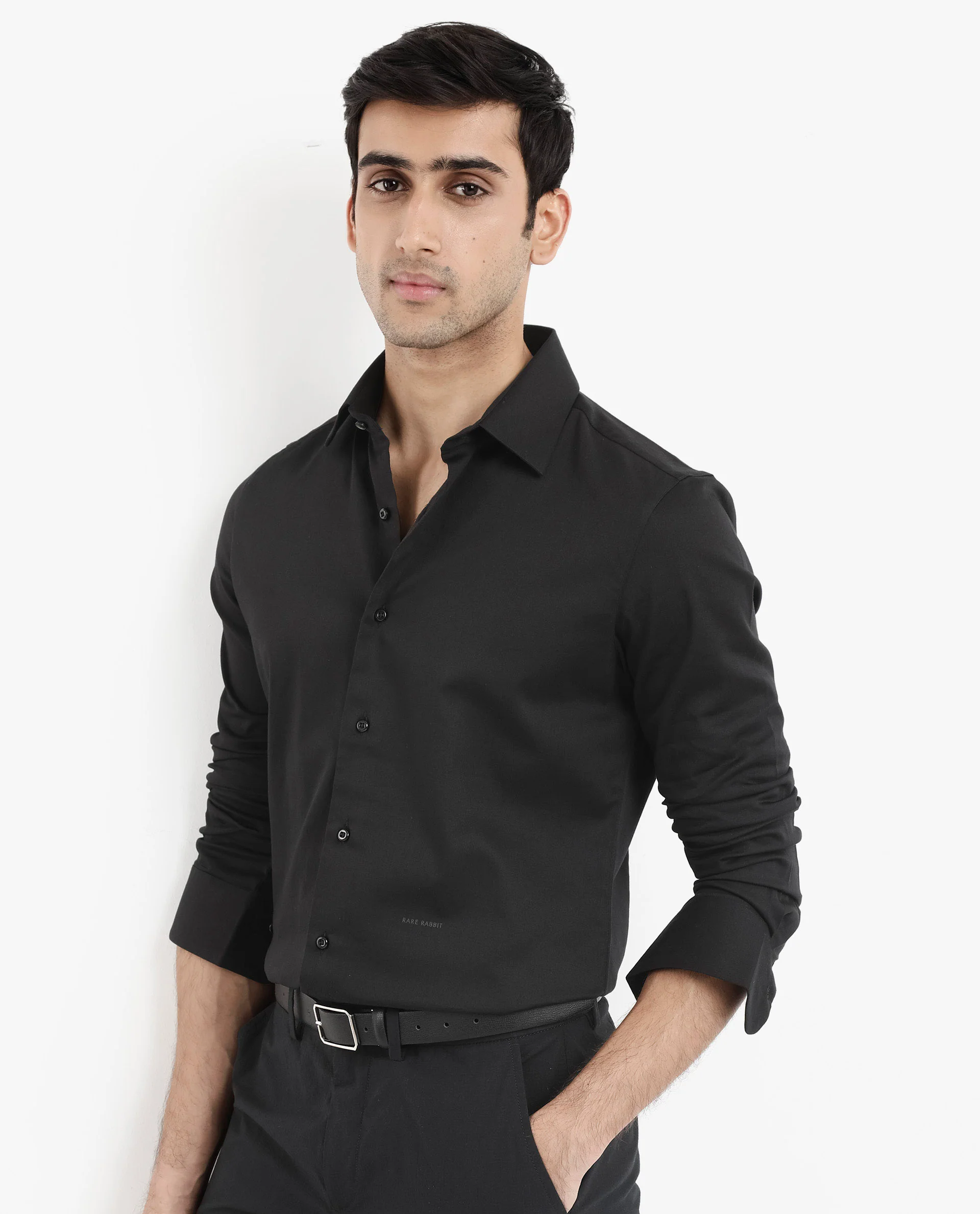 Rare Rabbit Men's Holla Black Satin Plain Regular Fit Full Sleeve Collared Shirt - Image 6