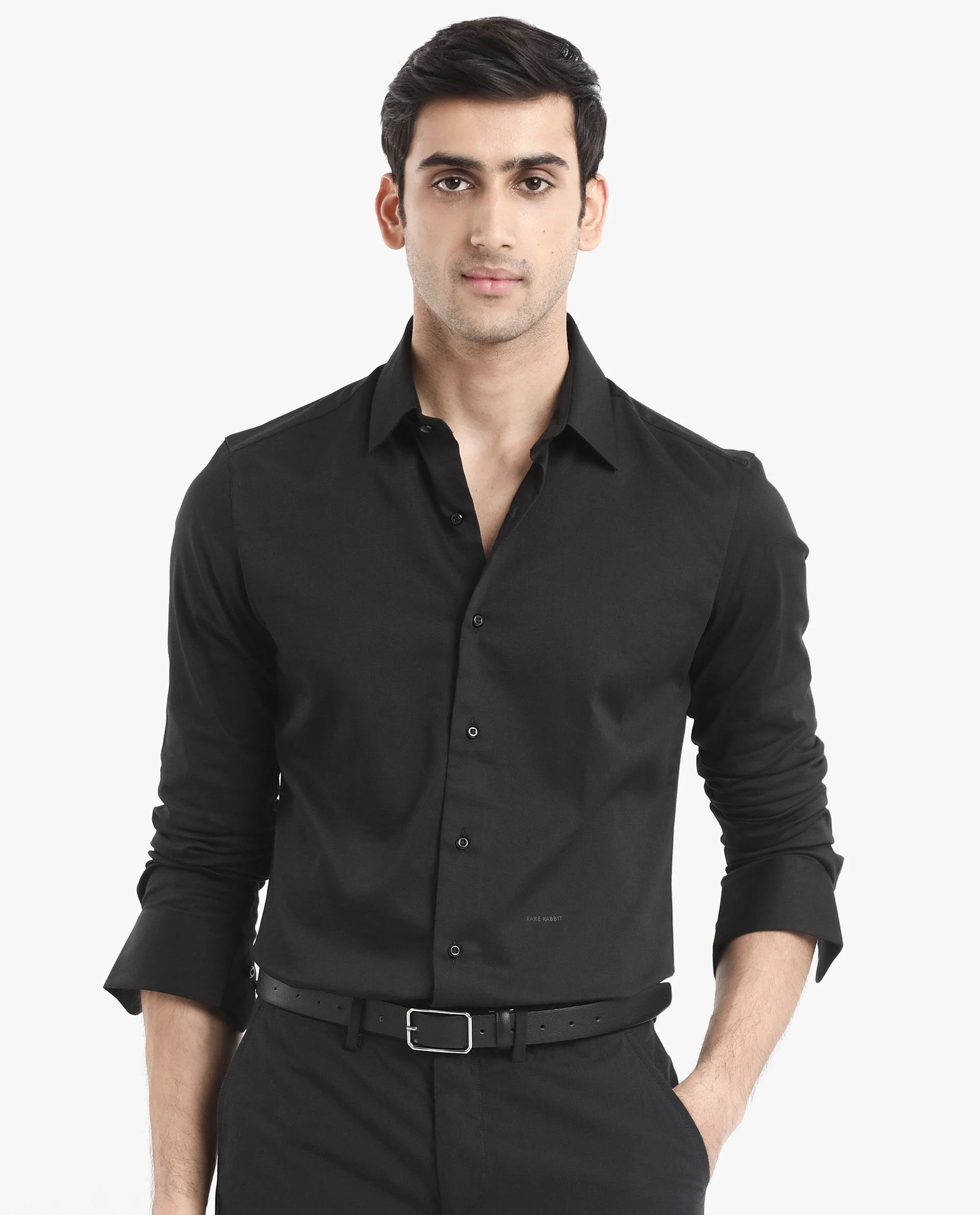 Rare Rabbit Men's Holla Black Satin Plain Regular Fit Full Sleeve Collared Shirt - Image 8