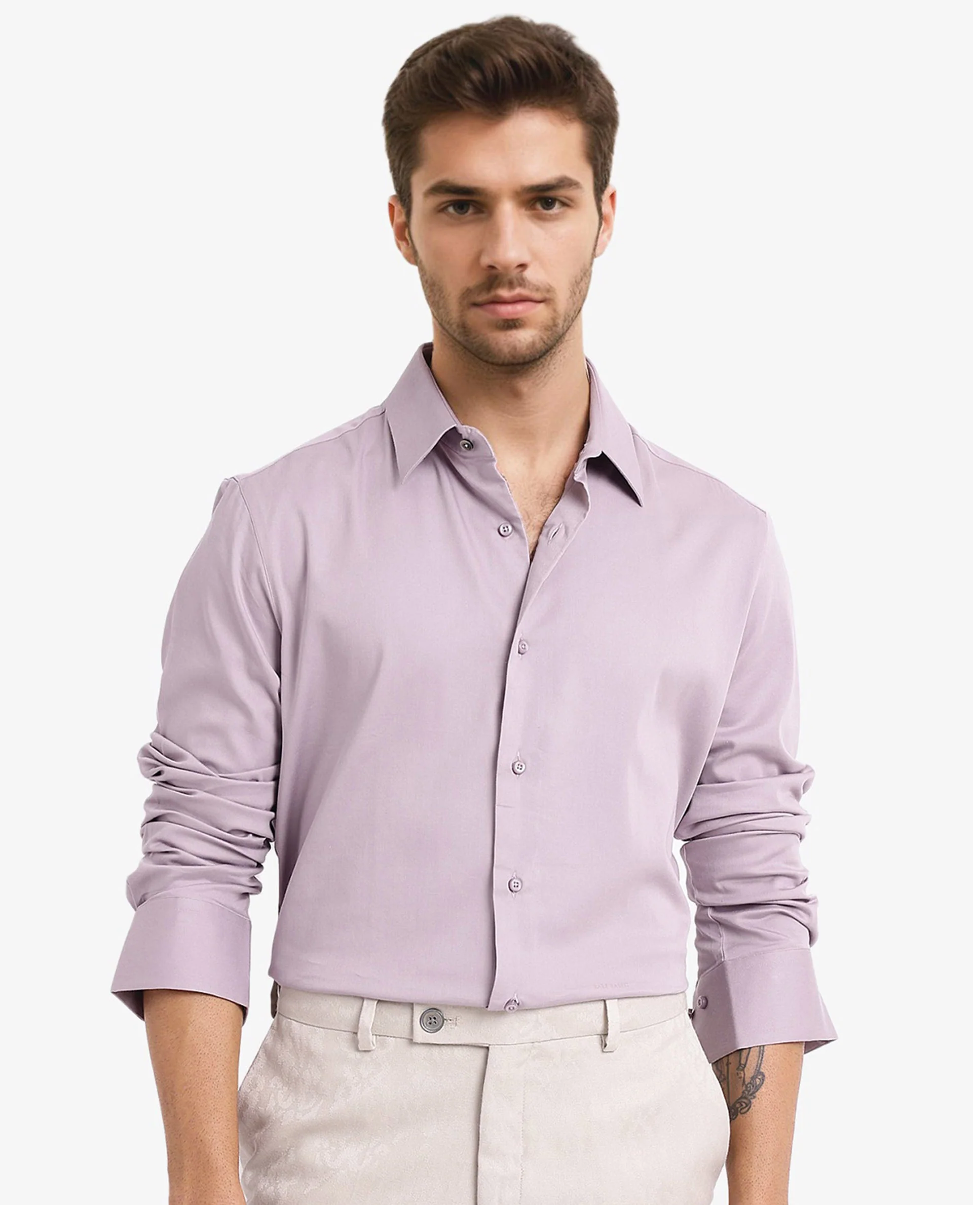 Rare Rabbit Men's Holla Dusky Pink Satin Plain Regular Fit Full Sleeve Collared Shirt