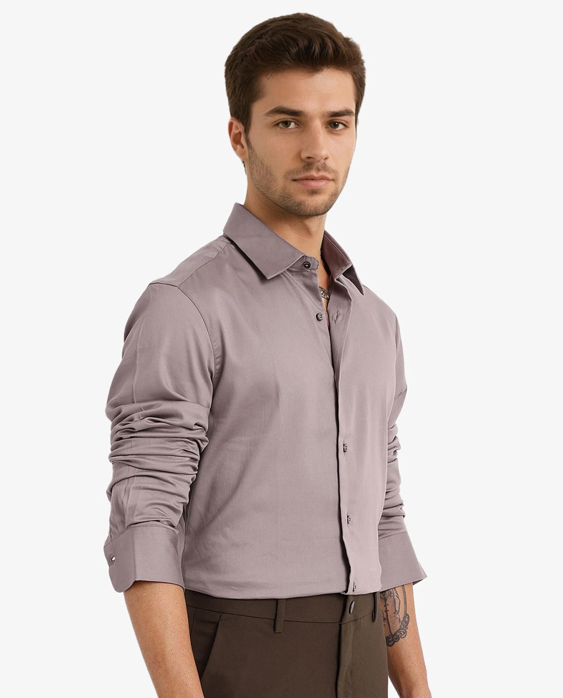 Rare Rabbit Men's Holla Grey Satin Plain Regular Fit Full Sleeve Collared Shirt - Image 4