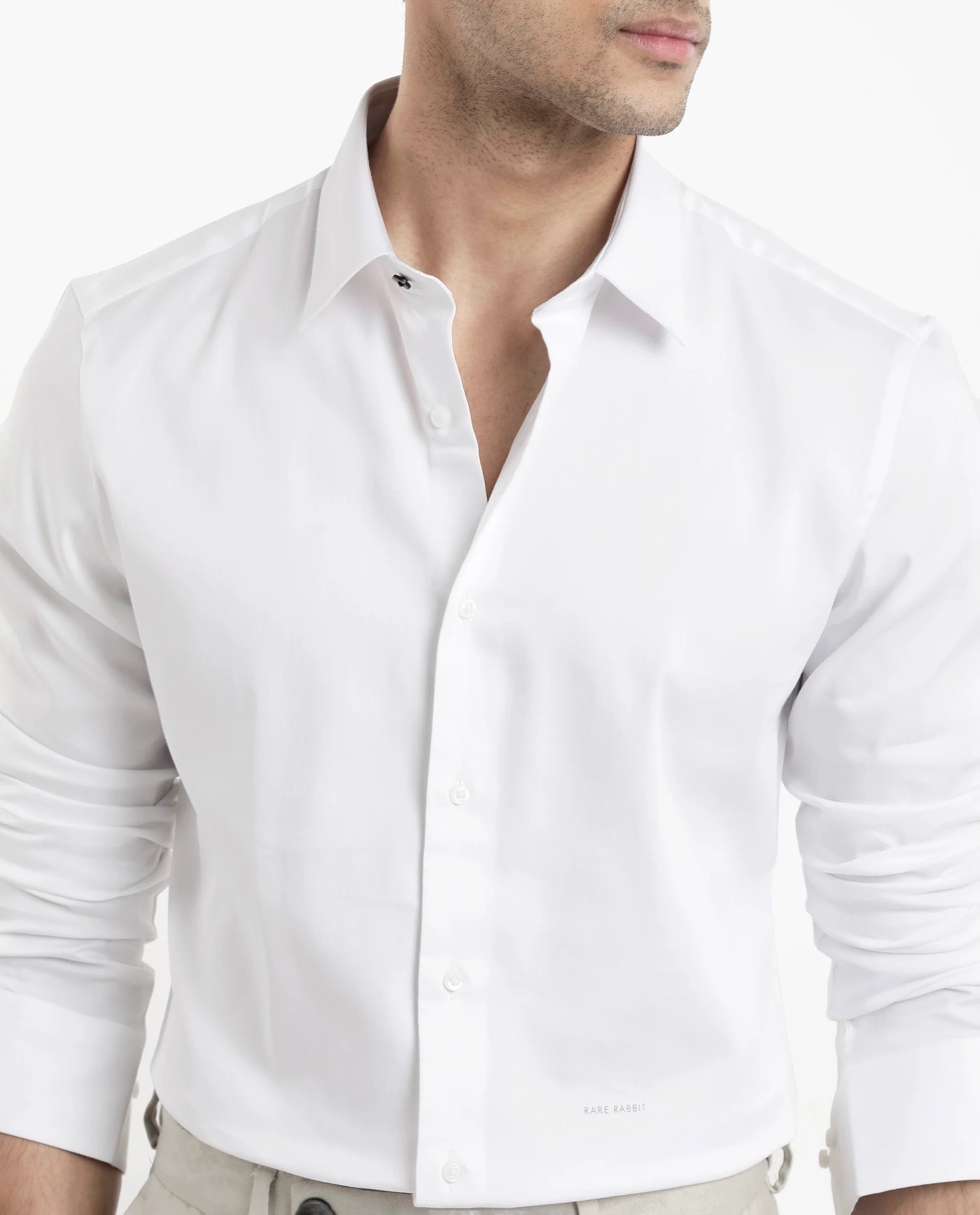 Rare Rabbit Men's Holla White Satin Plain Regular Fit Full Sleeve Collared Shirt - Image 4