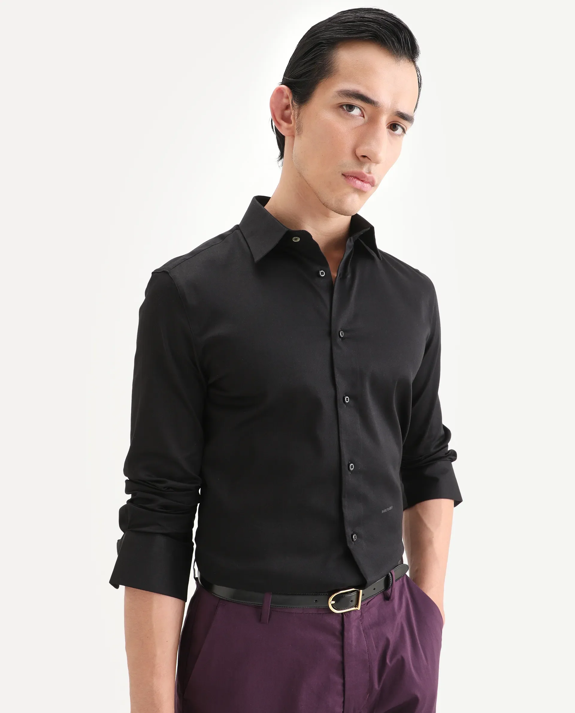 Rare Rabbit Men's Holla-Ss26 Black Cotton Blend Fabric Full Sleeve Spread Collar Regular Fit Plain Shirt
