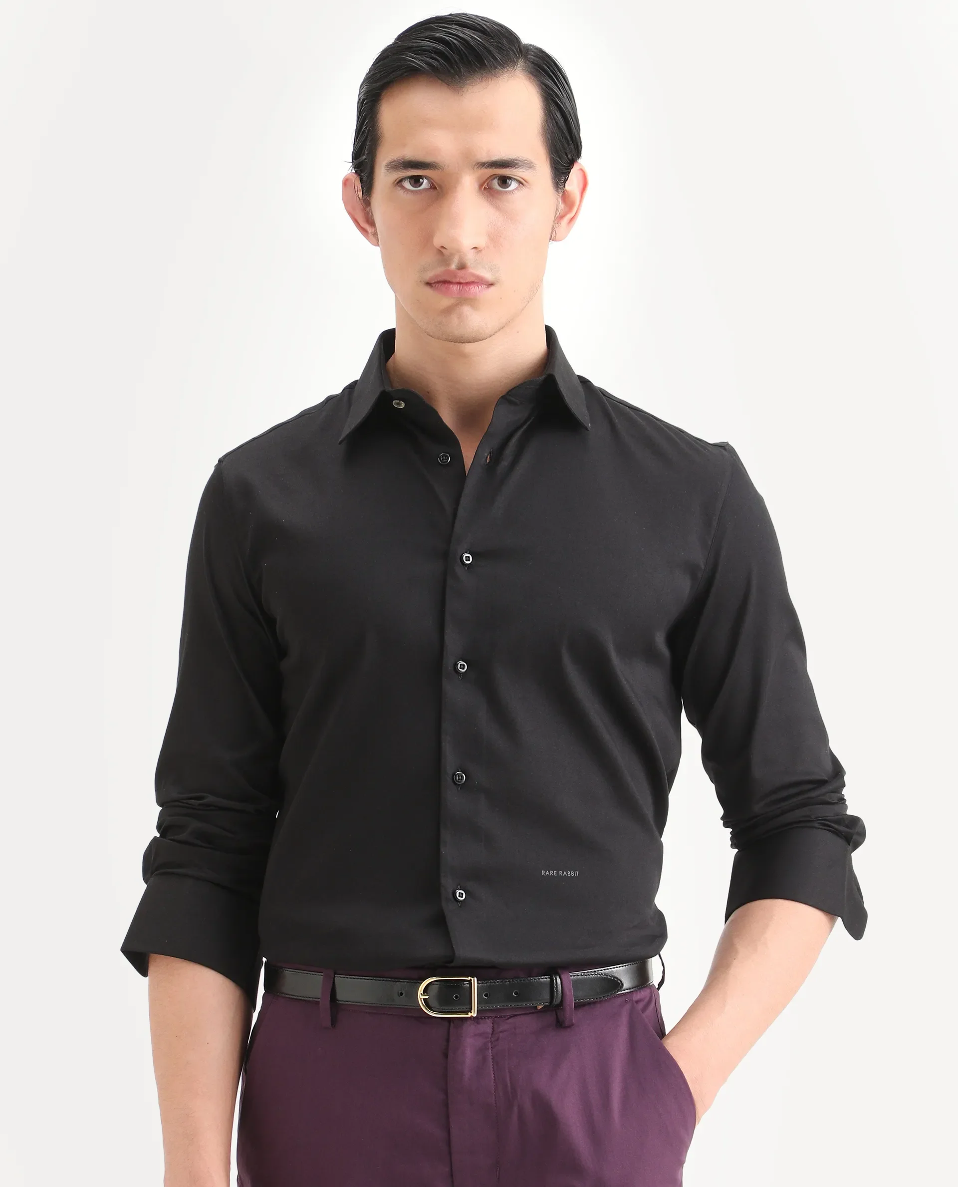 Rare Rabbit Men's Holla-Ss26 Black Cotton Blend Fabric Full Sleeve Spread Collar Regular Fit Plain Shirt - Image 4