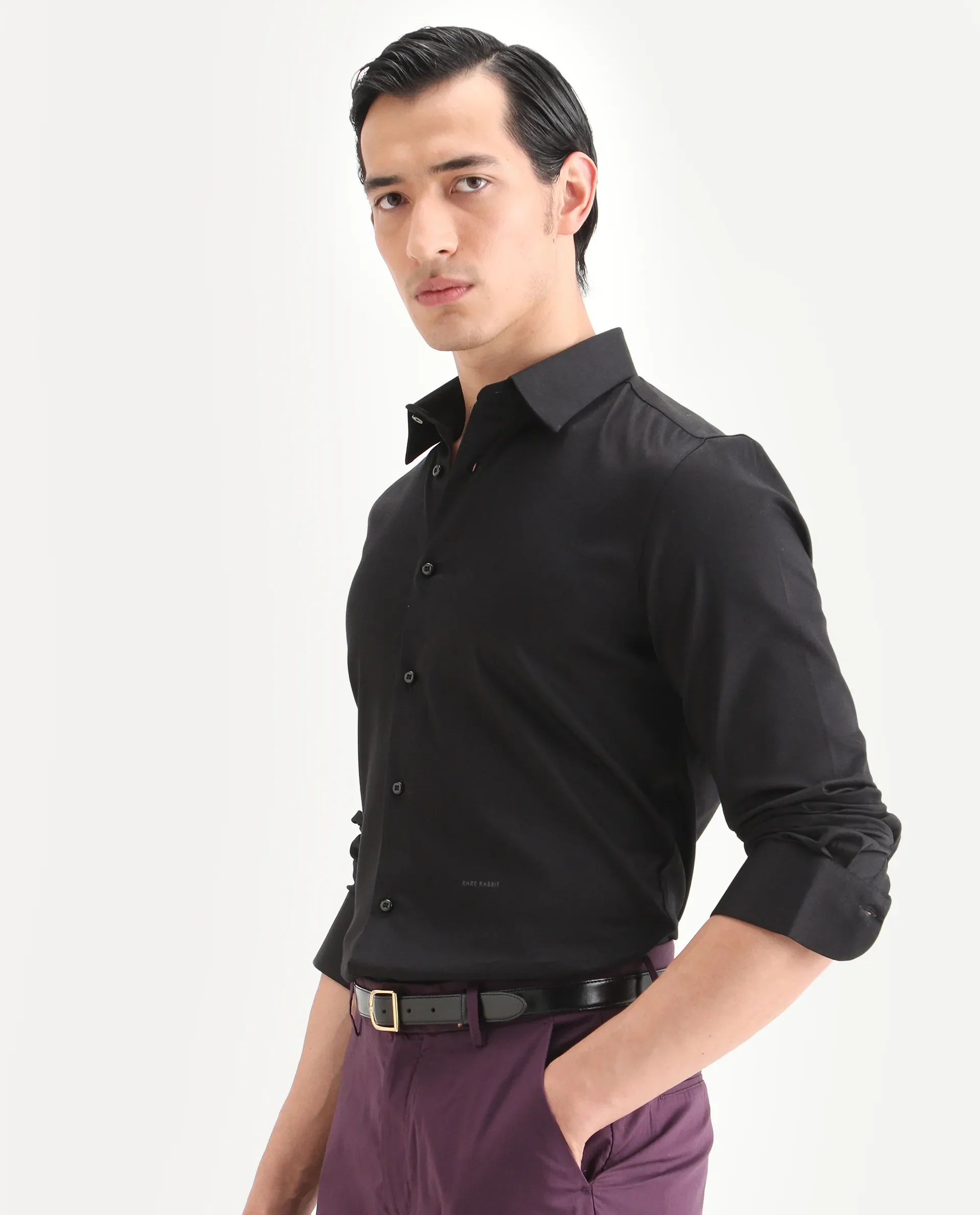Rare Rabbit Men's Holla-Ss26 Black Cotton Blend Fabric Full Sleeve Spread Collar Regular Fit Plain Shirt - Image 5