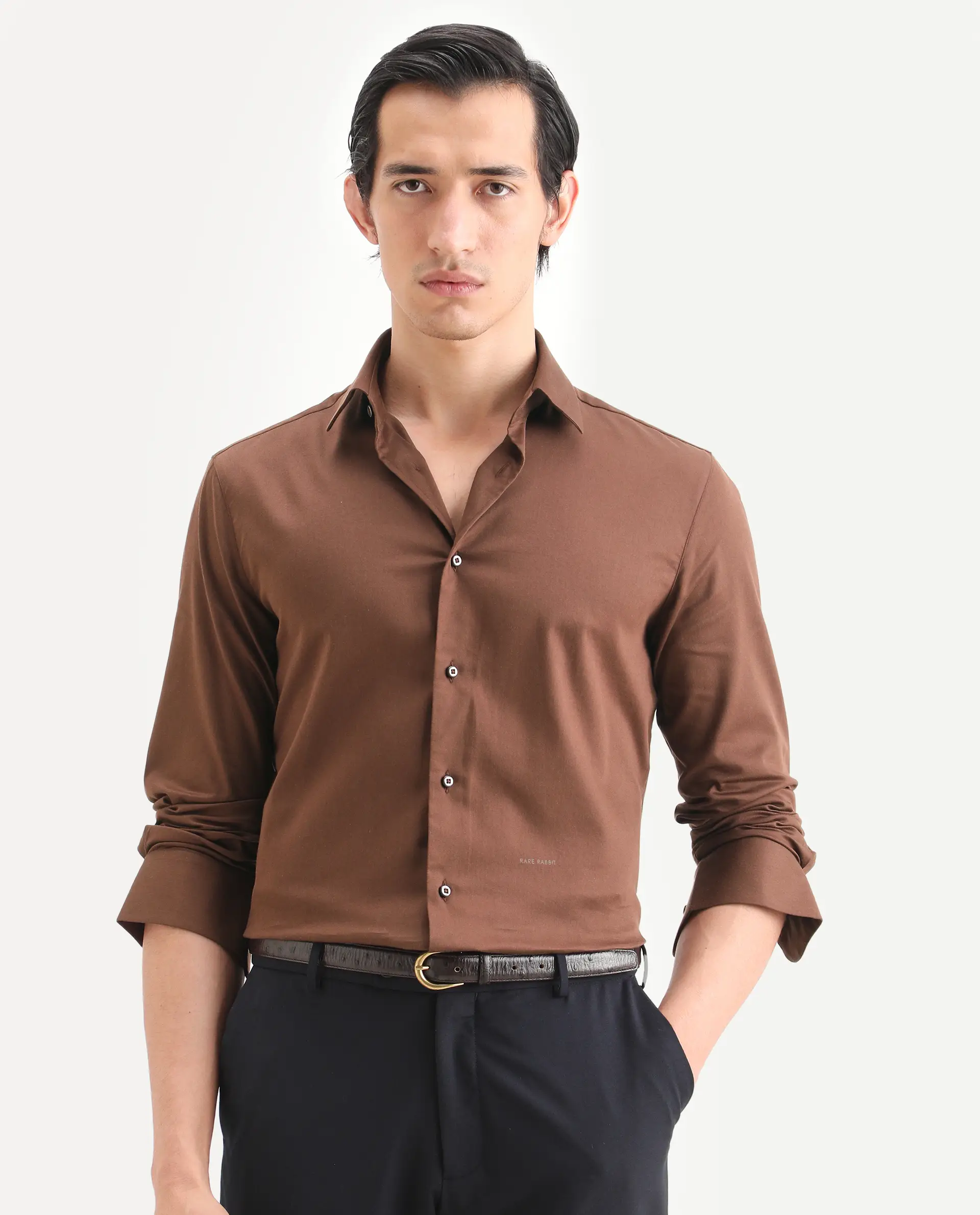 Rare Rabbit Men's Holla-Ss26 Brown Cotton Blend Fabric Full Sleeve Spread Collar Regular Fit Plain Shirt - Image 4