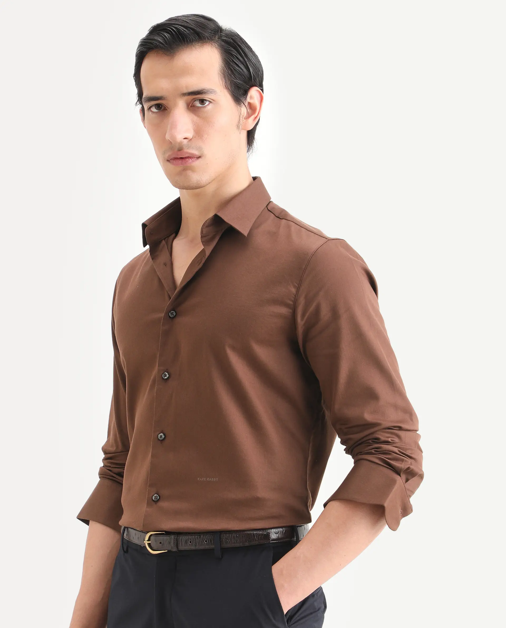 Rare Rabbit Men's Holla-Ss26 Brown Cotton Blend Fabric Full Sleeve Spread Collar Regular Fit Plain Shirt - Image 5