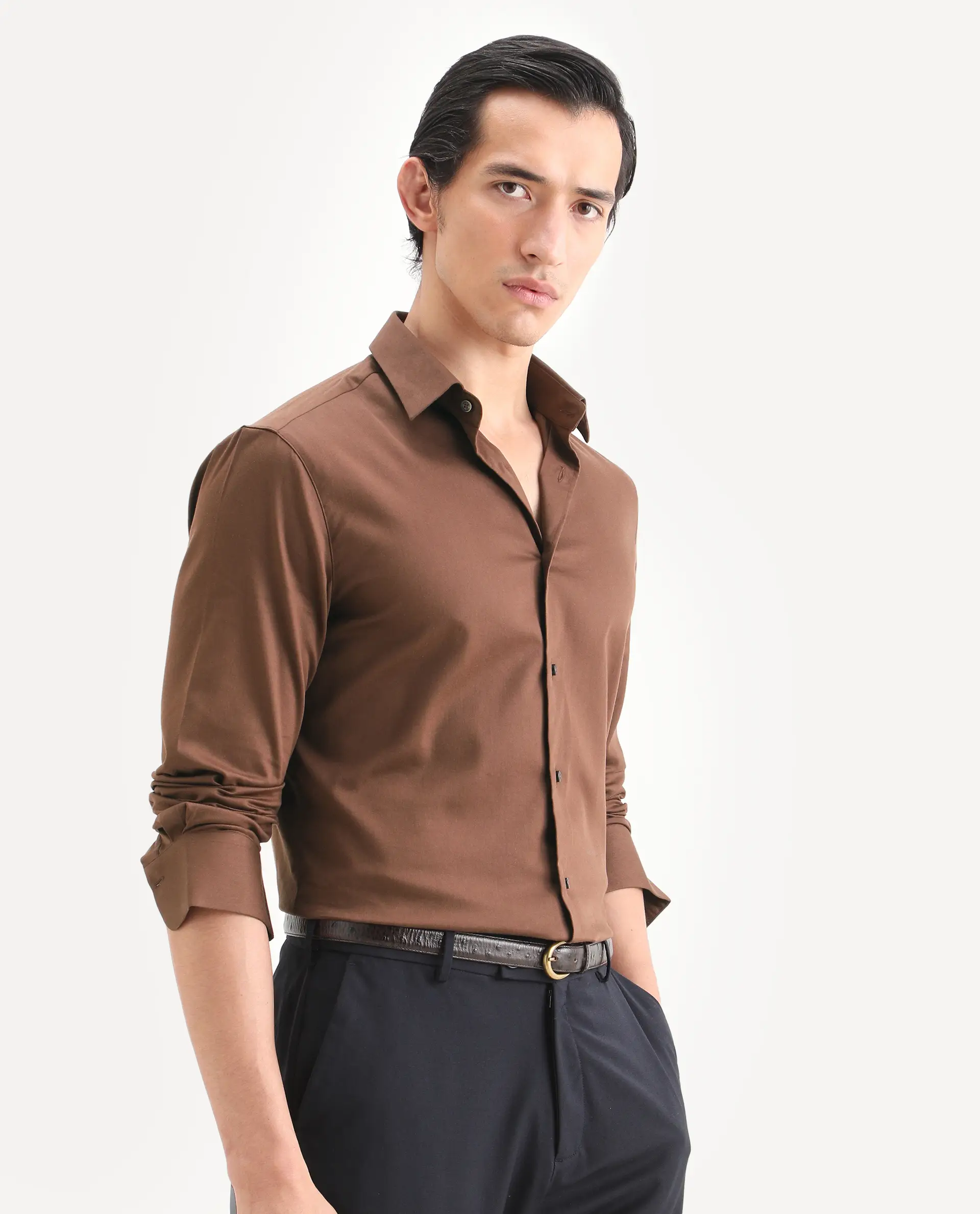 Rare Rabbit Men's Holla-Ss26 Brown Cotton Blend Fabric Full Sleeve Spread Collar Regular Fit Plain Shirt - Image 6