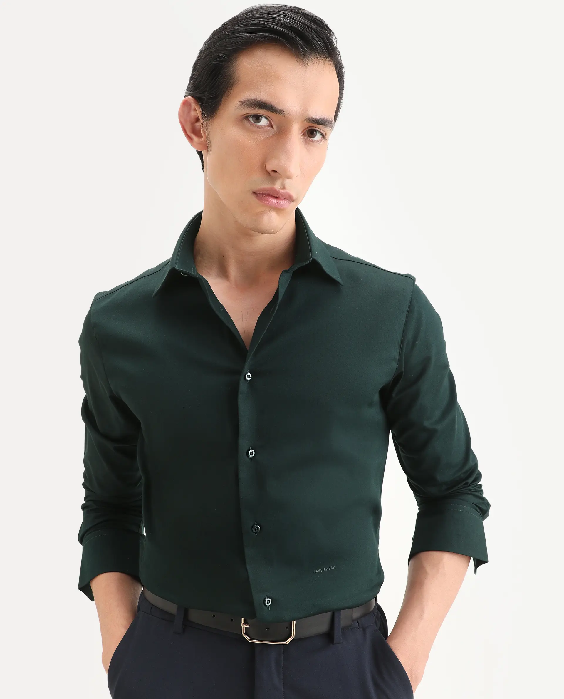 Rare Rabbit Men's Holla-Ss26 Dark Green Cotton Blend Fabric Full Sleeve Spread Collar Regular Fit Plain Shirt
