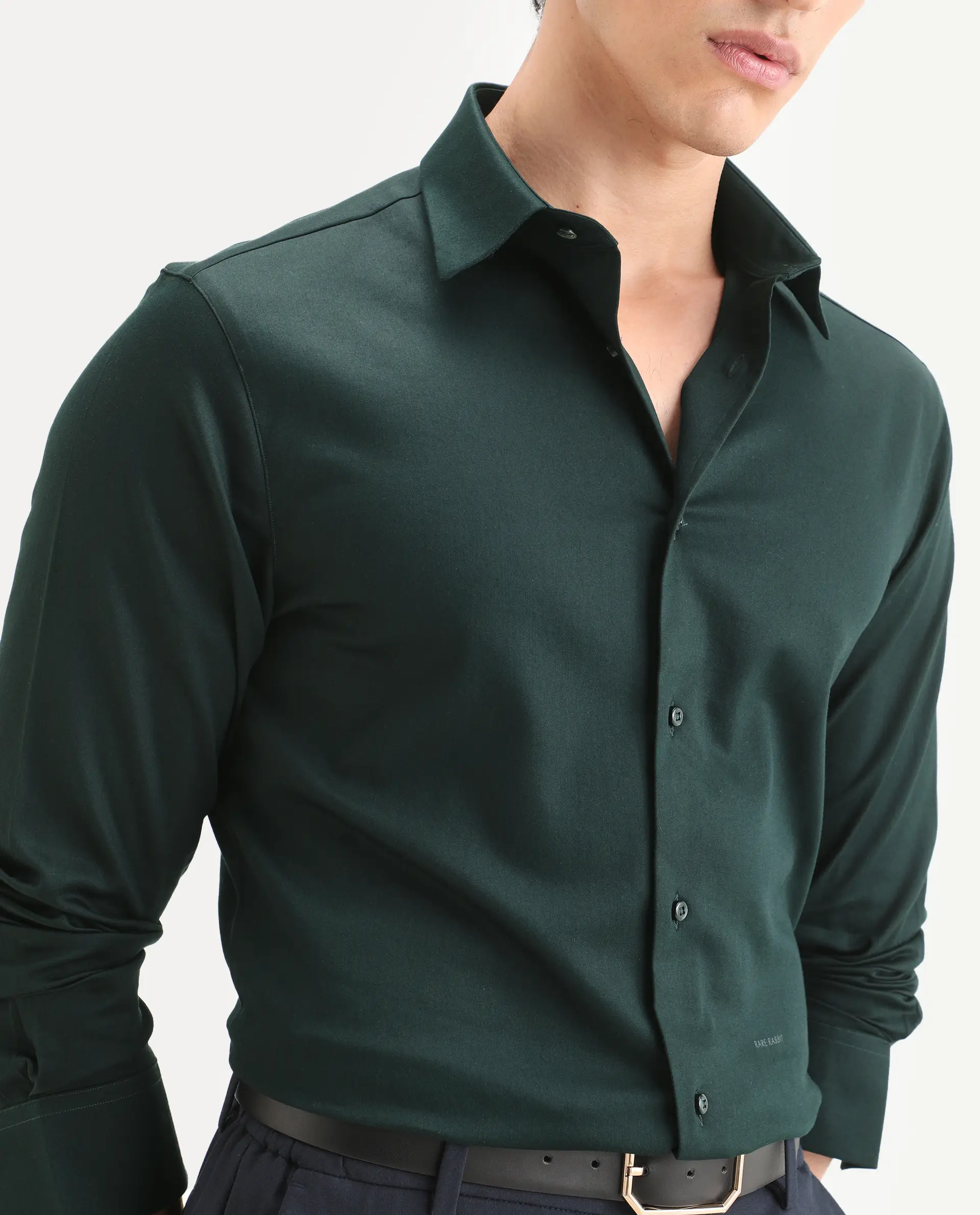 Rare Rabbit Men's Holla-Ss26 Dark Green Cotton Blend Fabric Full Sleeve Spread Collar Regular Fit Plain Shirt - Image 3