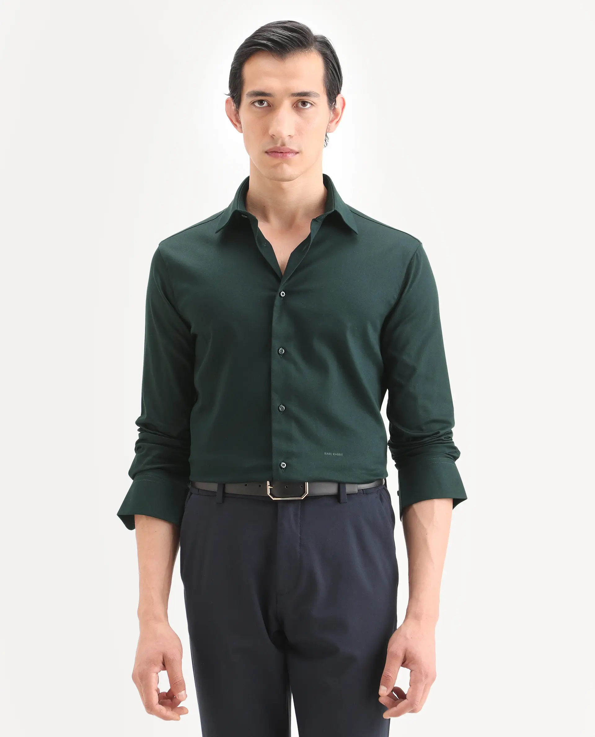 Rare Rabbit Men's Holla-Ss26 Dark Green Cotton Blend Fabric Full Sleeve Spread Collar Regular Fit Plain Shirt - Image 4