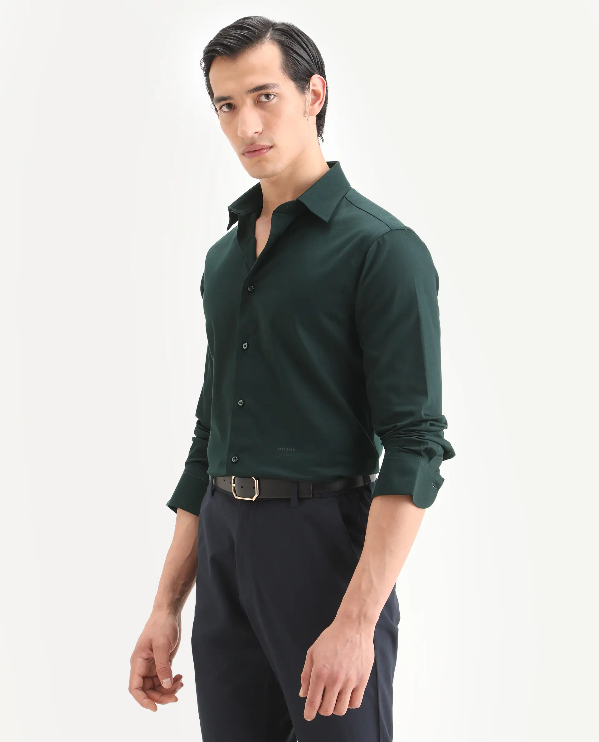 Rare Rabbit Men's Holla-Ss26 Dark Green Cotton Blend Fabric Full Sleeve Spread Collar Regular Fit Plain Shirt - Image 5