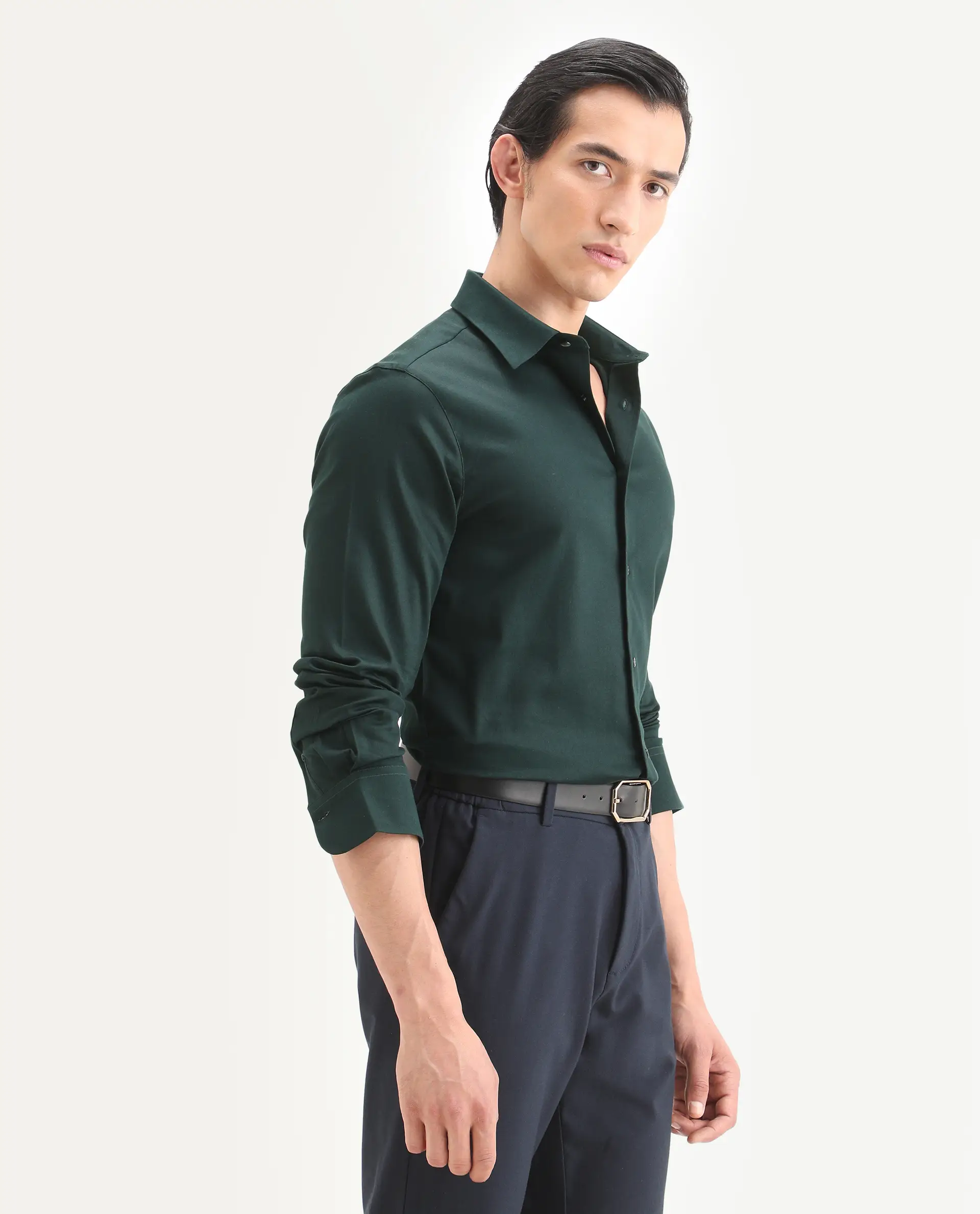 Rare Rabbit Men's Holla-Ss26 Dark Green Cotton Blend Fabric Full Sleeve Spread Collar Regular Fit Plain Shirt - Image 6