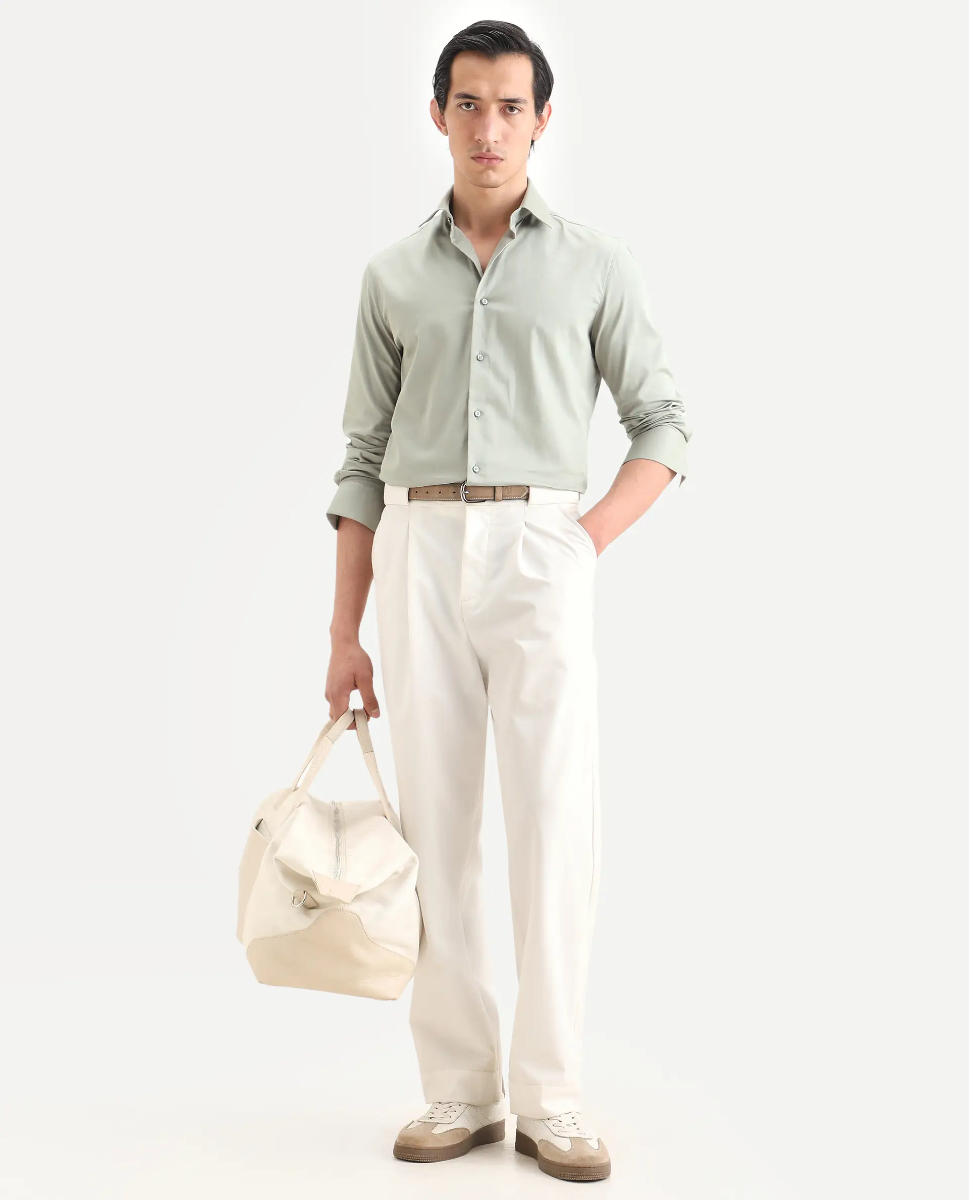 Rare Rabbit Men's Holla-Ss26 Pastel Green Cotton Blend Fabric Full Sleeve Spread Collar Regular Fit Plain Shirt - Image 2