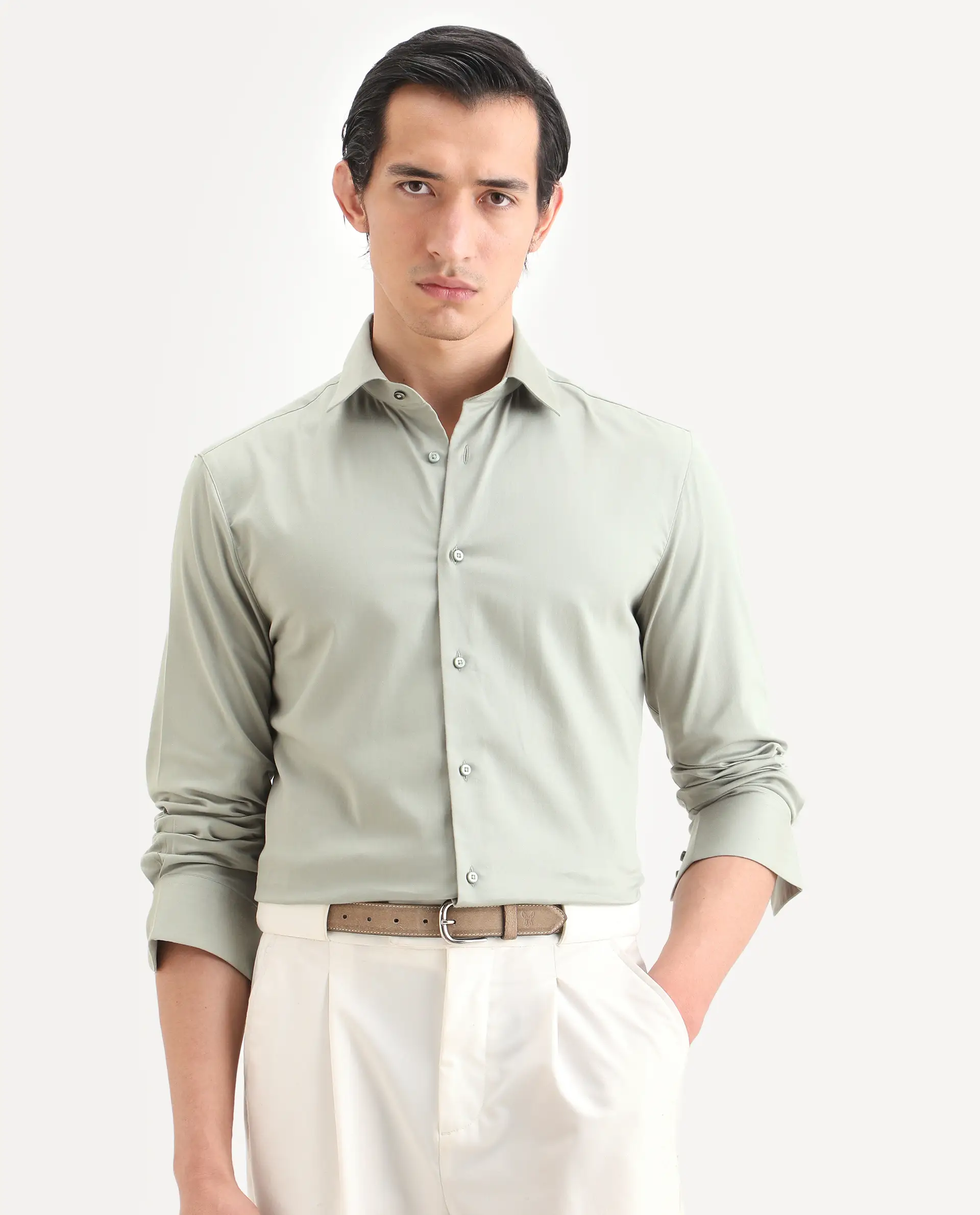 Rare Rabbit Men's Holla-Ss26 Pastel Green Cotton Blend Fabric Full Sleeve Spread Collar Regular Fit Plain Shirt - Image 4