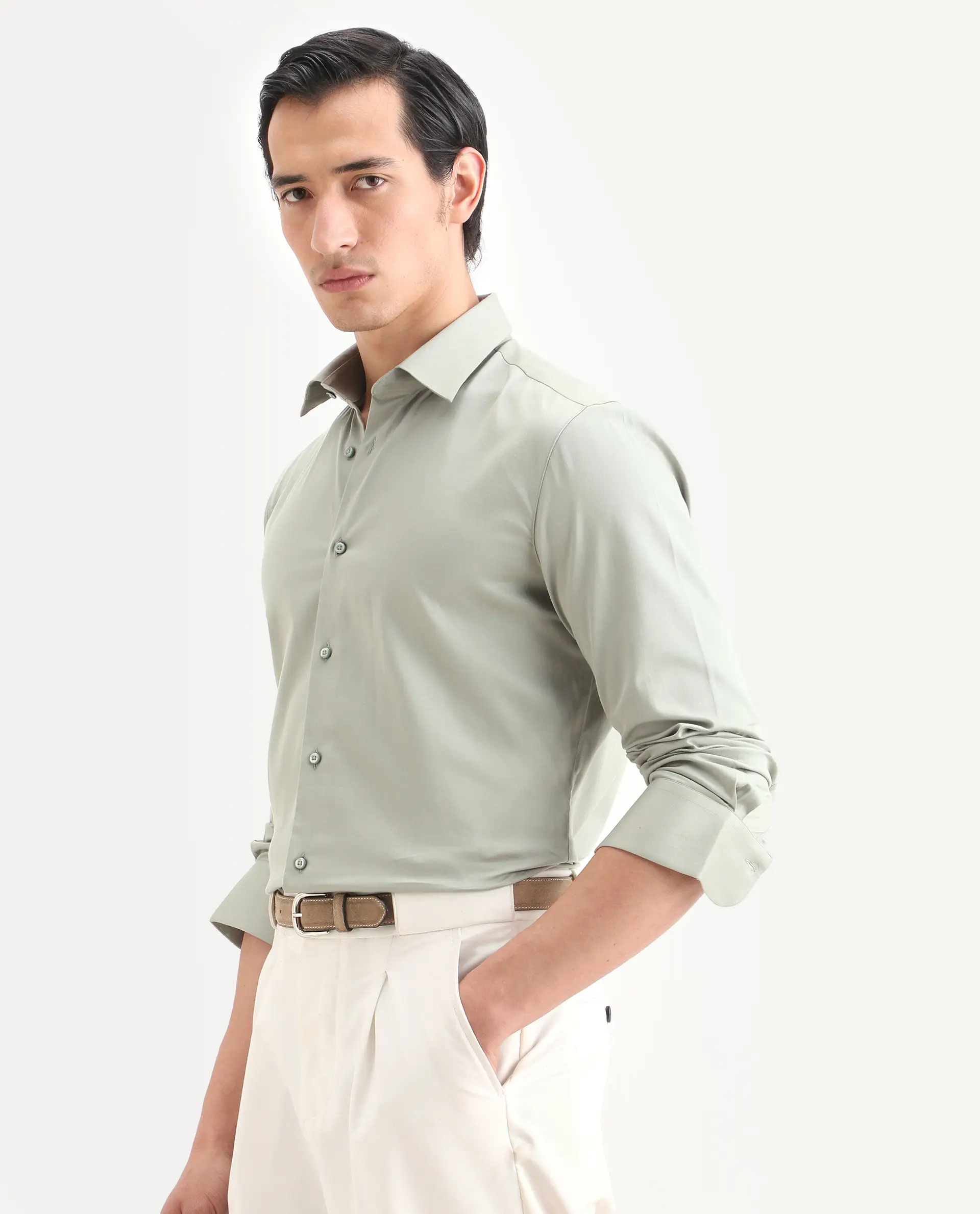 Rare Rabbit Men's Holla-Ss26 Pastel Green Cotton Blend Fabric Full Sleeve Spread Collar Regular Fit Plain Shirt - Image 5