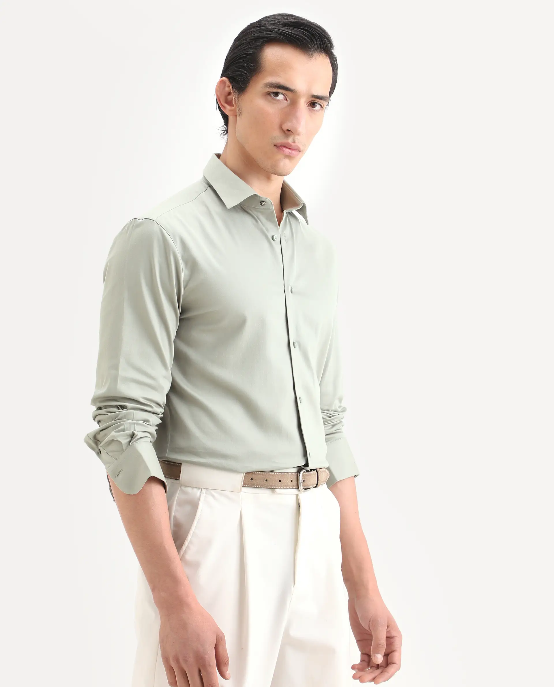 Rare Rabbit Men's Holla-Ss26 Pastel Green Cotton Blend Fabric Full Sleeve Spread Collar Regular Fit Plain Shirt - Image 6