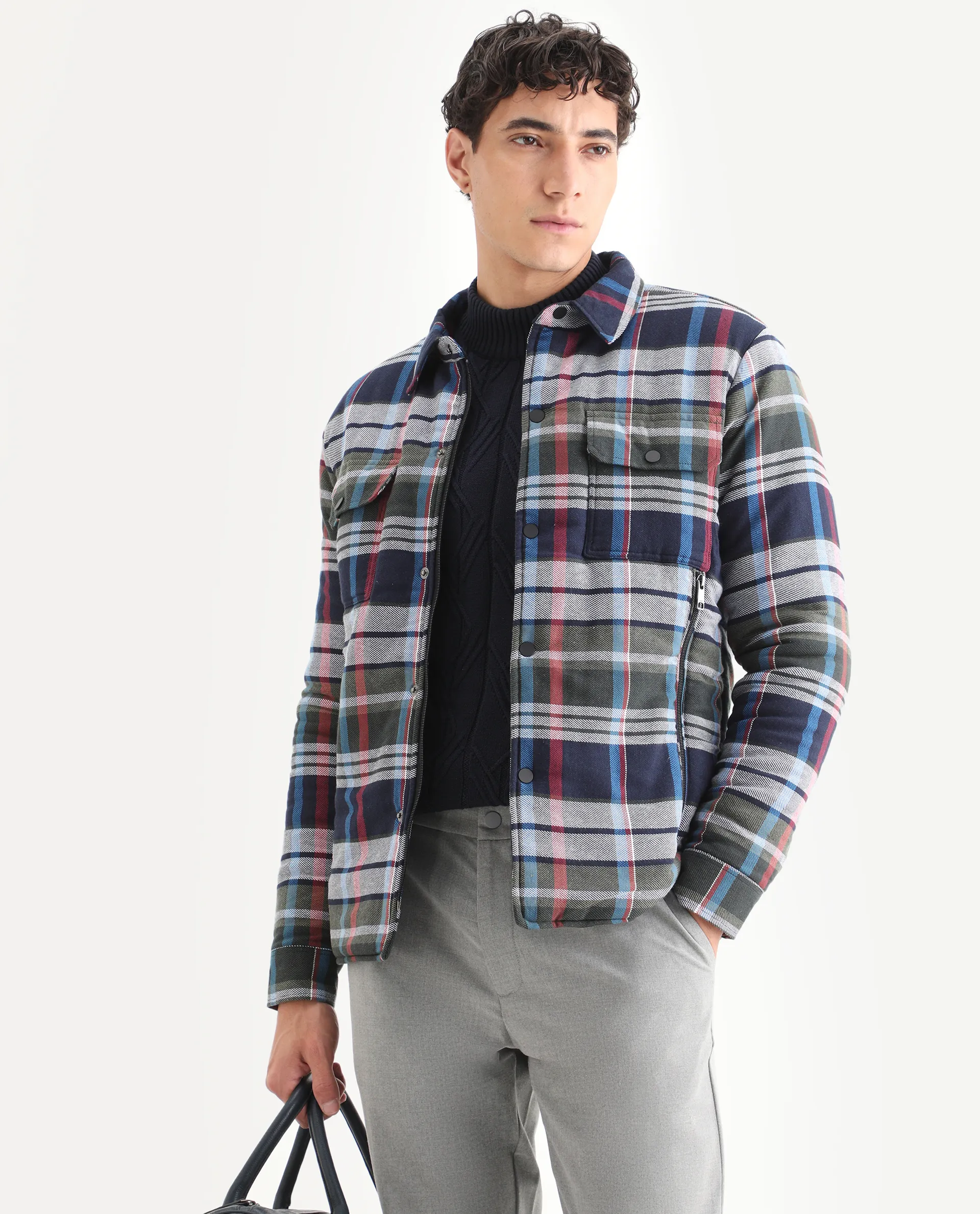 Rare Rabbit Men's Hollis Blue Cotton Checked Print Regular Fit Full Sleeve Spread Collar Jacket