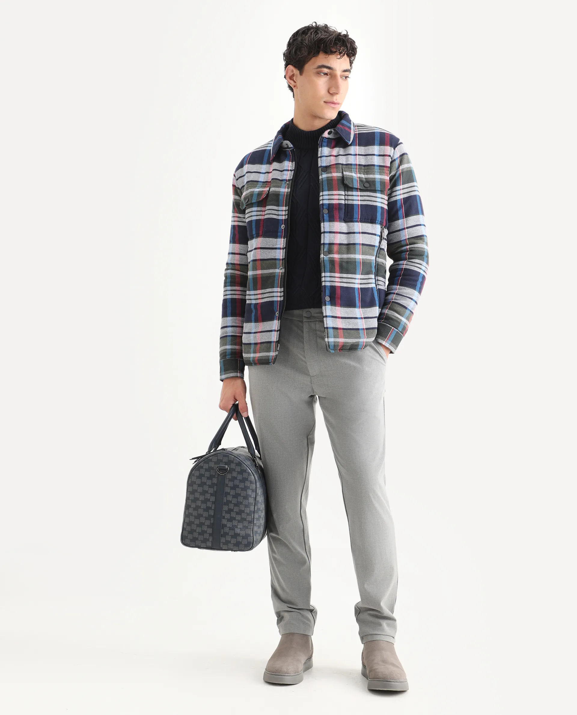 Rare Rabbit Men's Hollis Blue Cotton Checked Print Regular Fit Full Sleeve Spread Collar Jacket - Image 2