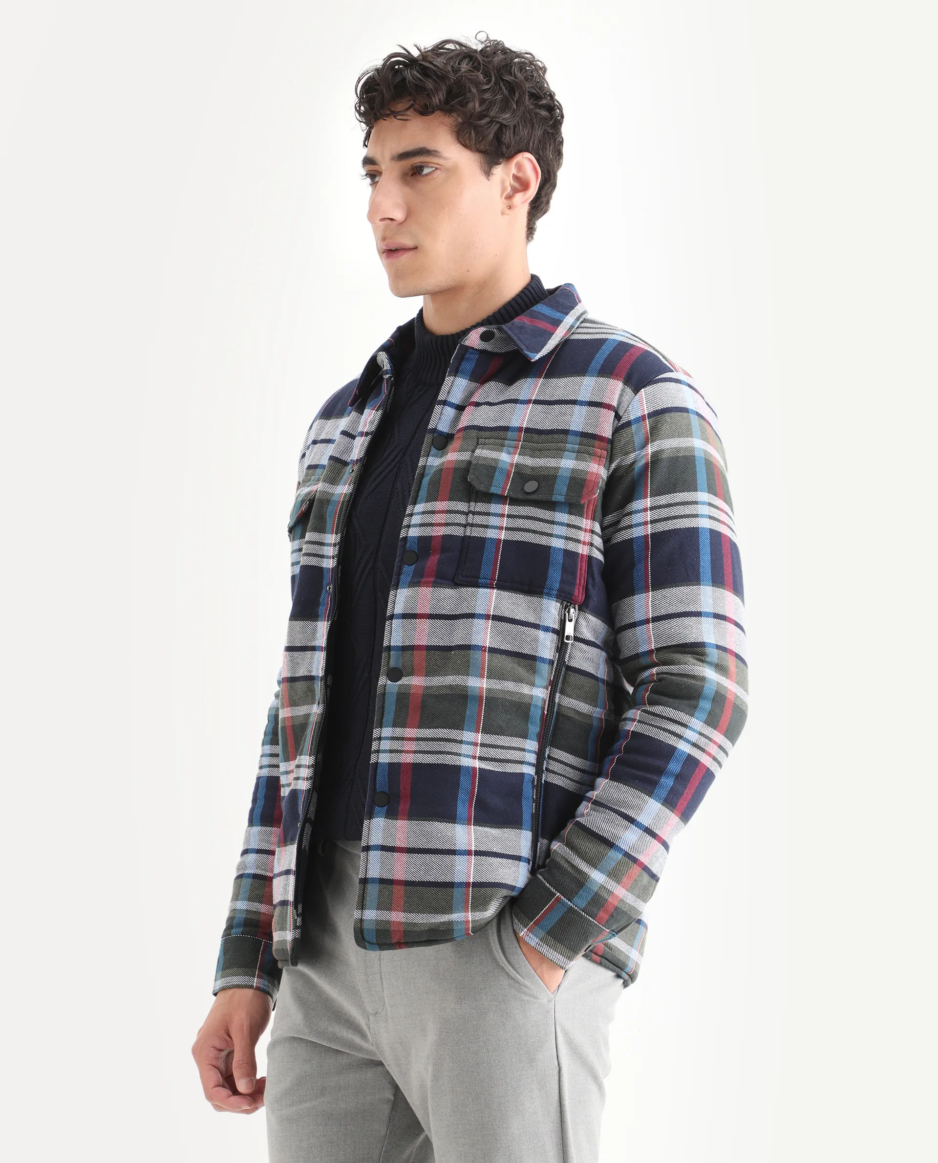Rare Rabbit Men's Hollis Blue Cotton Checked Print Regular Fit Full Sleeve Spread Collar Jacket - Image 4