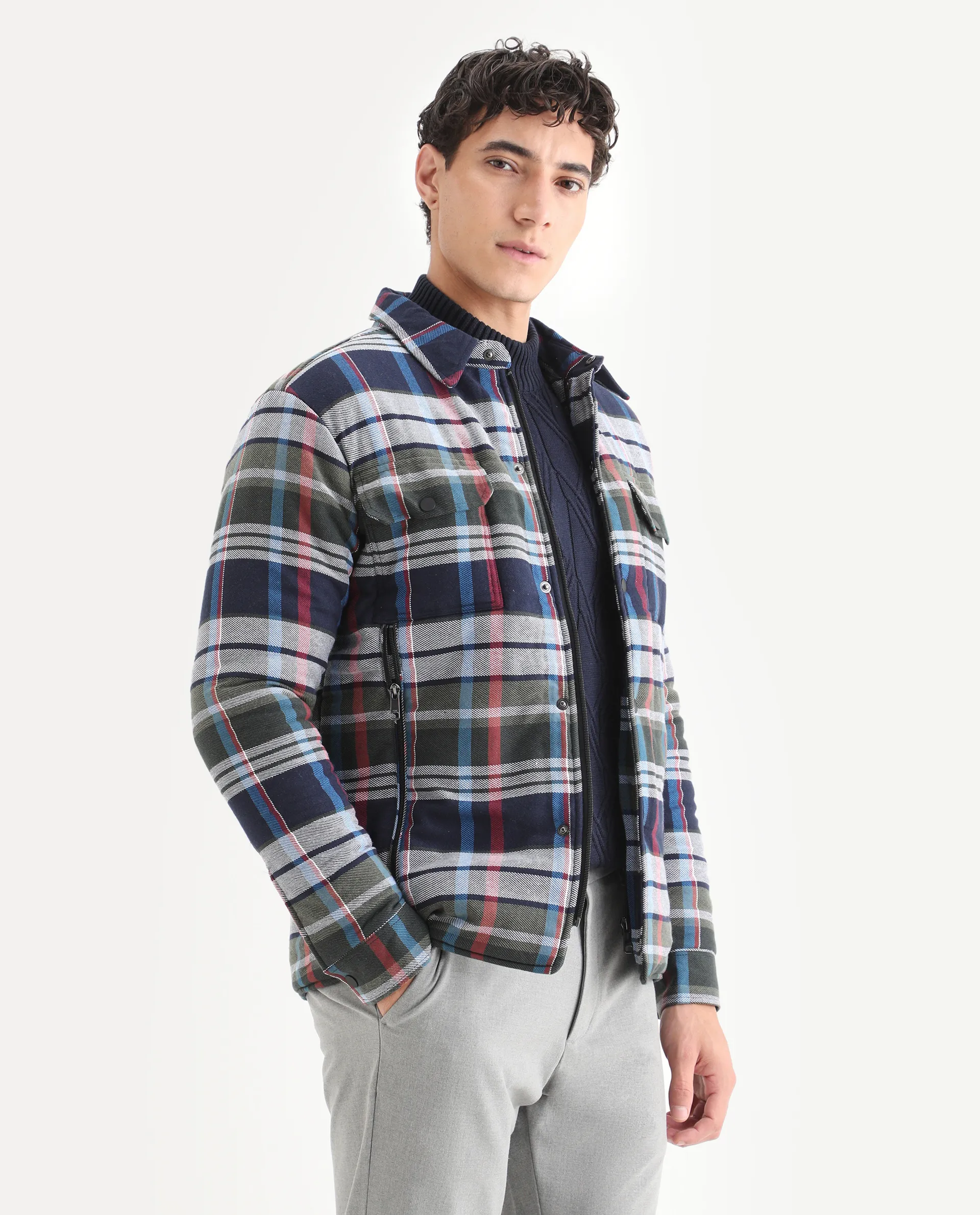 Rare Rabbit Men's Hollis Blue Cotton Checked Print Regular Fit Full Sleeve Spread Collar Jacket - Image 5