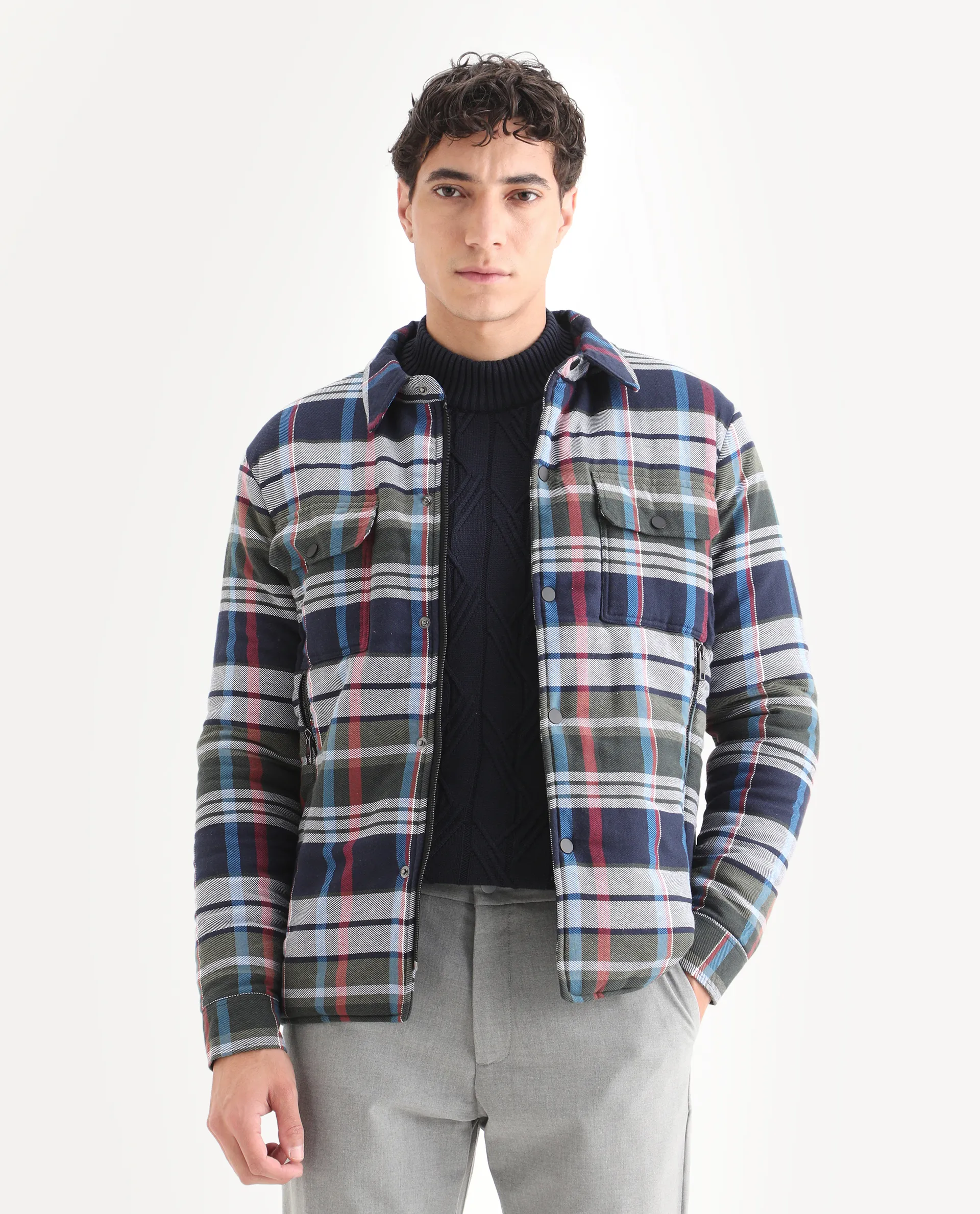 Rare Rabbit Men's Hollis Blue Cotton Checked Print Regular Fit Full Sleeve Spread Collar Jacket - Image 6