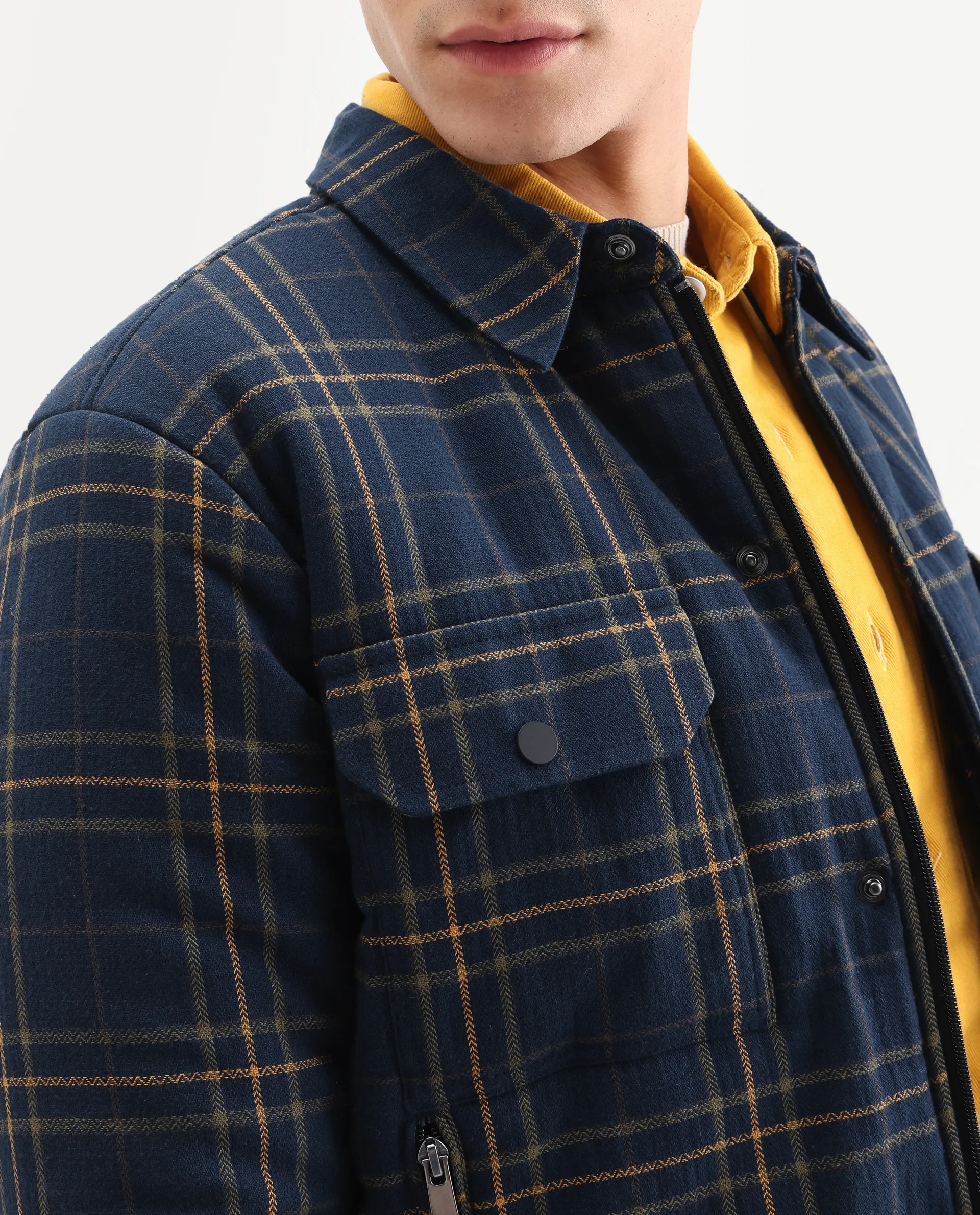 Rare Rabbit Men's Hollis Dark Navy Cotton Checked Print Regular Fit Full Sleeve Spread Collar Jacket - Image 3