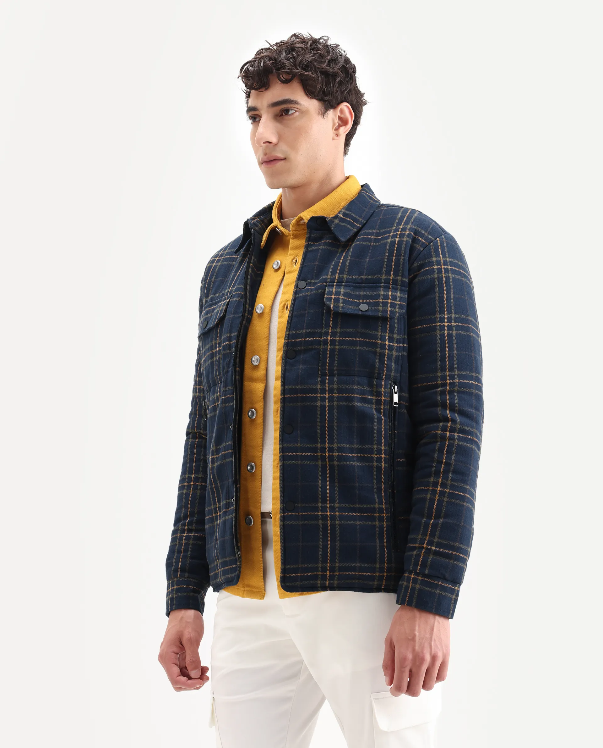 Rare Rabbit Men's Hollis Dark Navy Cotton Checked Print Regular Fit Full Sleeve Spread Collar Jacket - Image 4