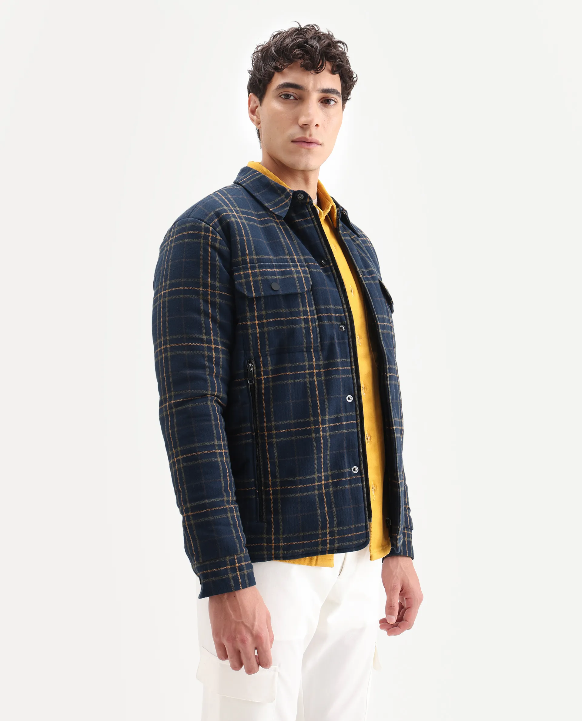 Rare Rabbit Men's Hollis Dark Navy Cotton Checked Print Regular Fit Full Sleeve Spread Collar Jacket - Image 5