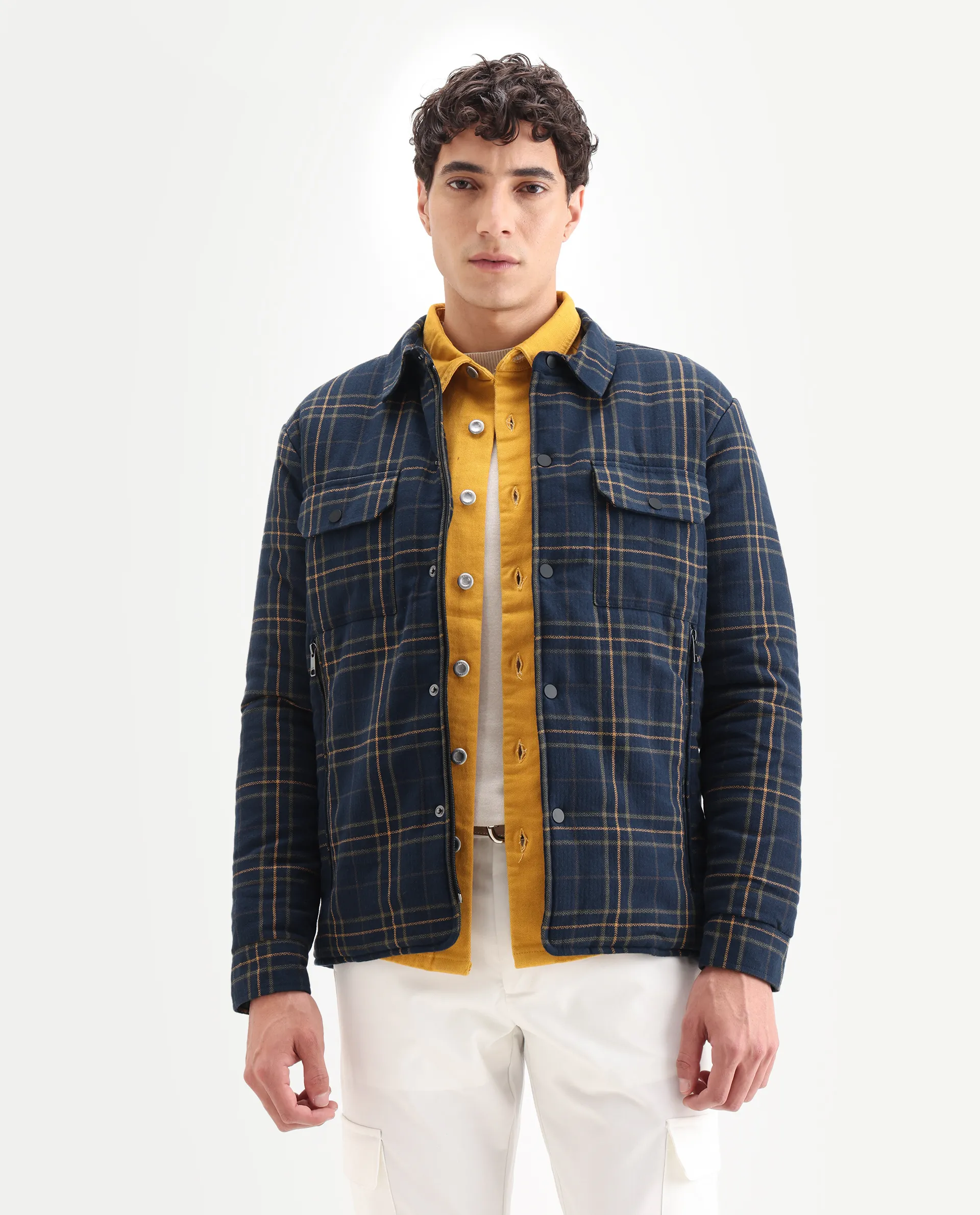 Rare Rabbit Men's Hollis Dark Navy Cotton Checked Print Regular Fit Full Sleeve Spread Collar Jacket - Image 6