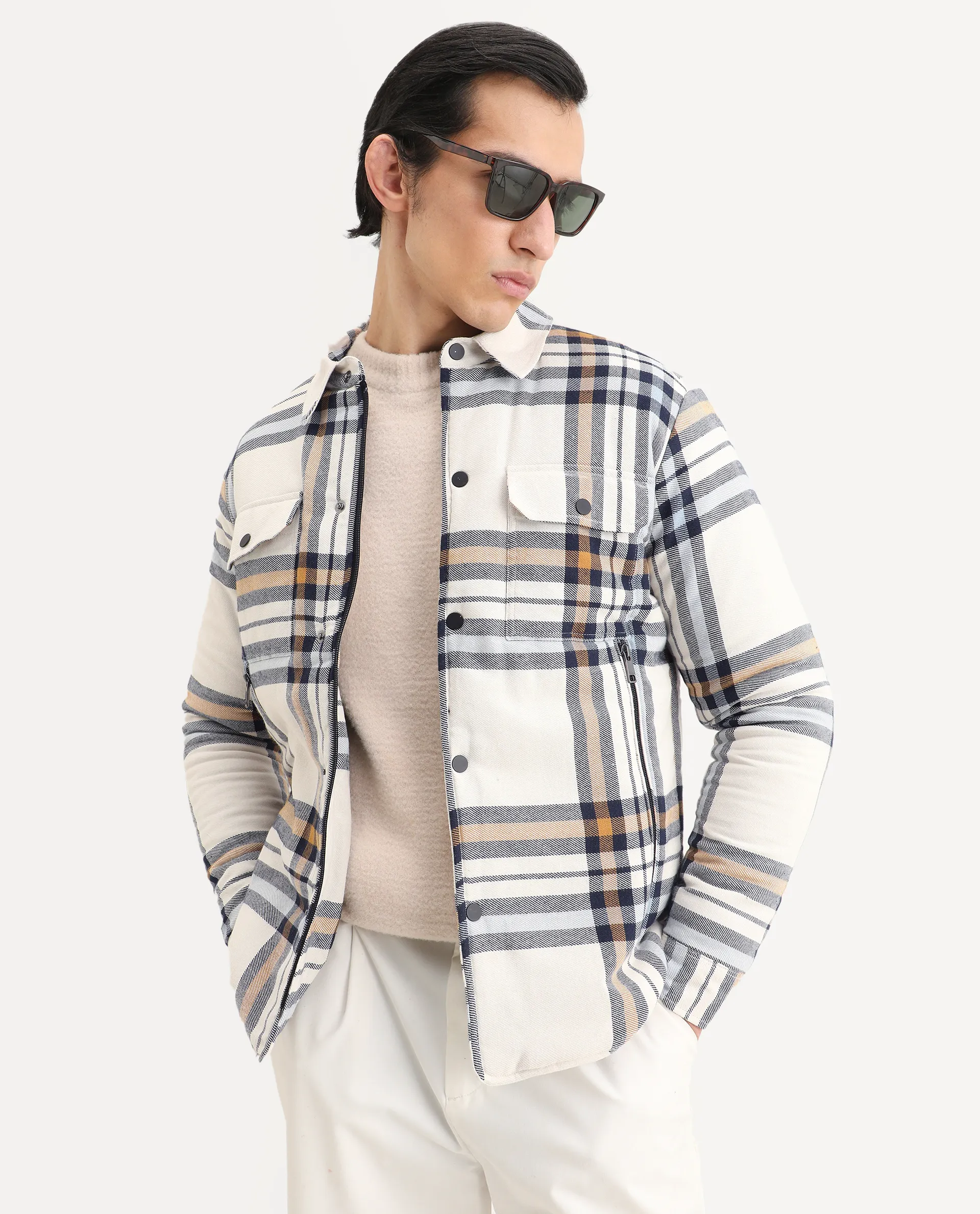 Rare Rabbit Men's Hollis Off White Cotton Checked Print Regular Fit Full Sleeve Spread Collar Jacket
