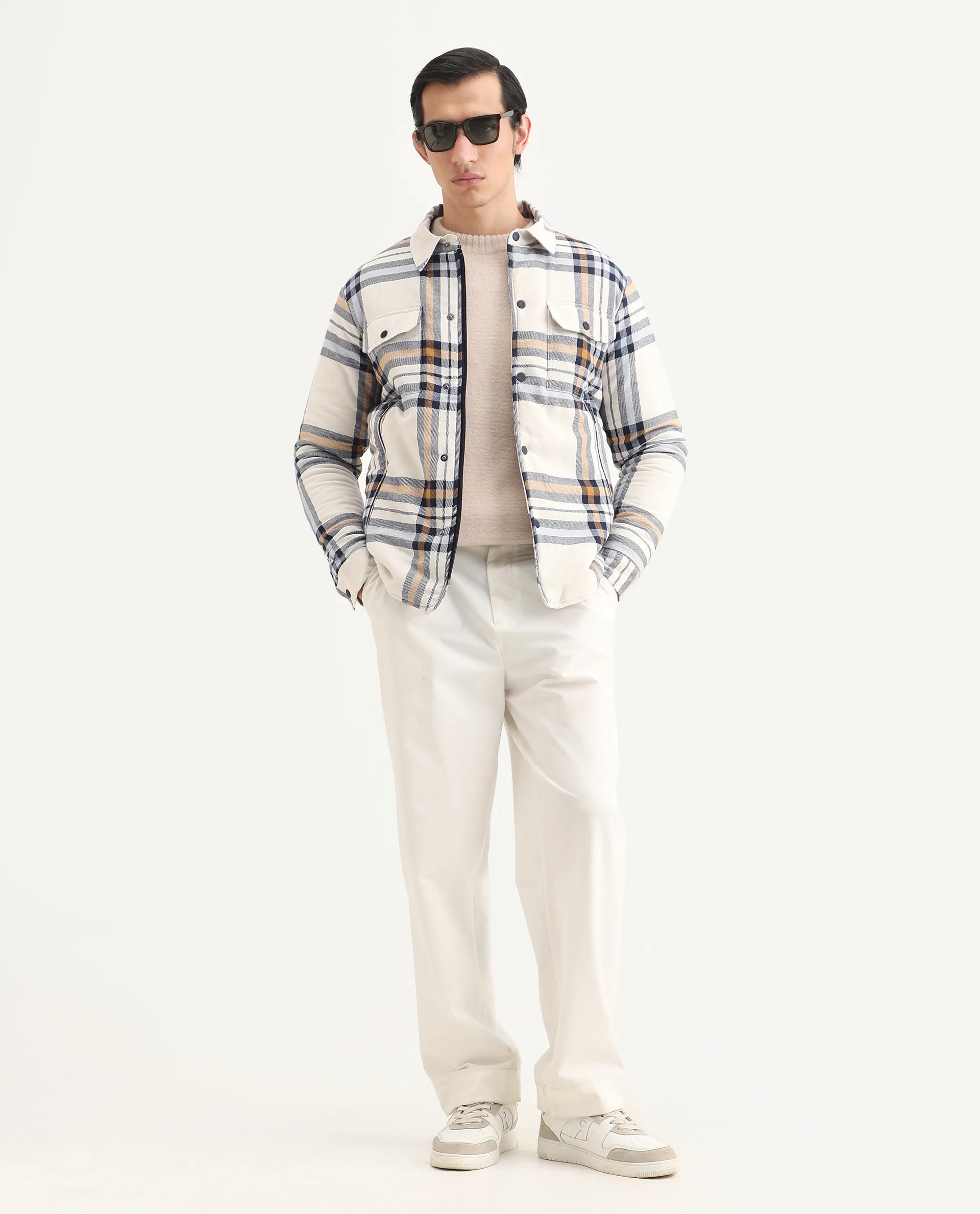 Rare Rabbit Men's Hollis Off White Cotton Checked Print Regular Fit Full Sleeve Spread Collar Jacket - Image 2